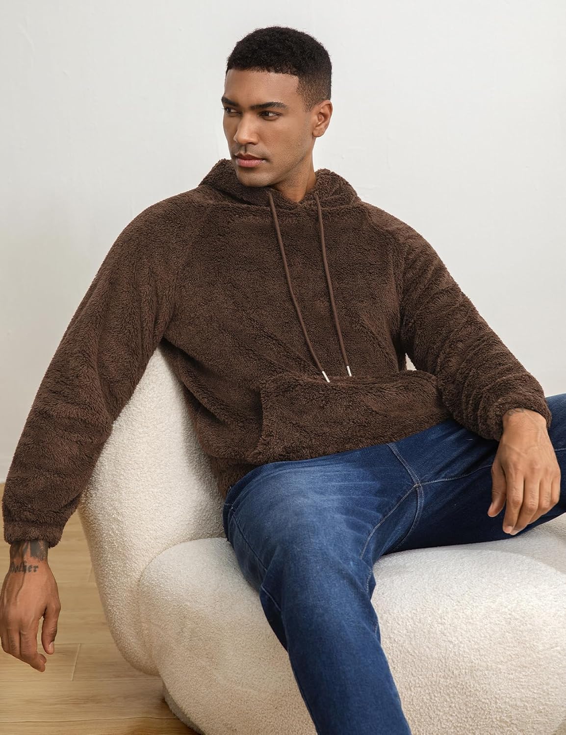 Flygo Mens Fuzzy Hoodie Sherpa Pullover Hoodies Casual Long Sleeve Hooded Sweatshirt Warm Fall Winter Fluffy Sweater - Image 5