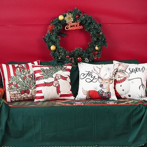 Miniatura 2 de ONWAY Juego de 4 fundas de almohada de rayas navideñas de 18 x 18 pulgadas, juego de 4 fundas de almohada de muñeco de nieve y renos con rayas