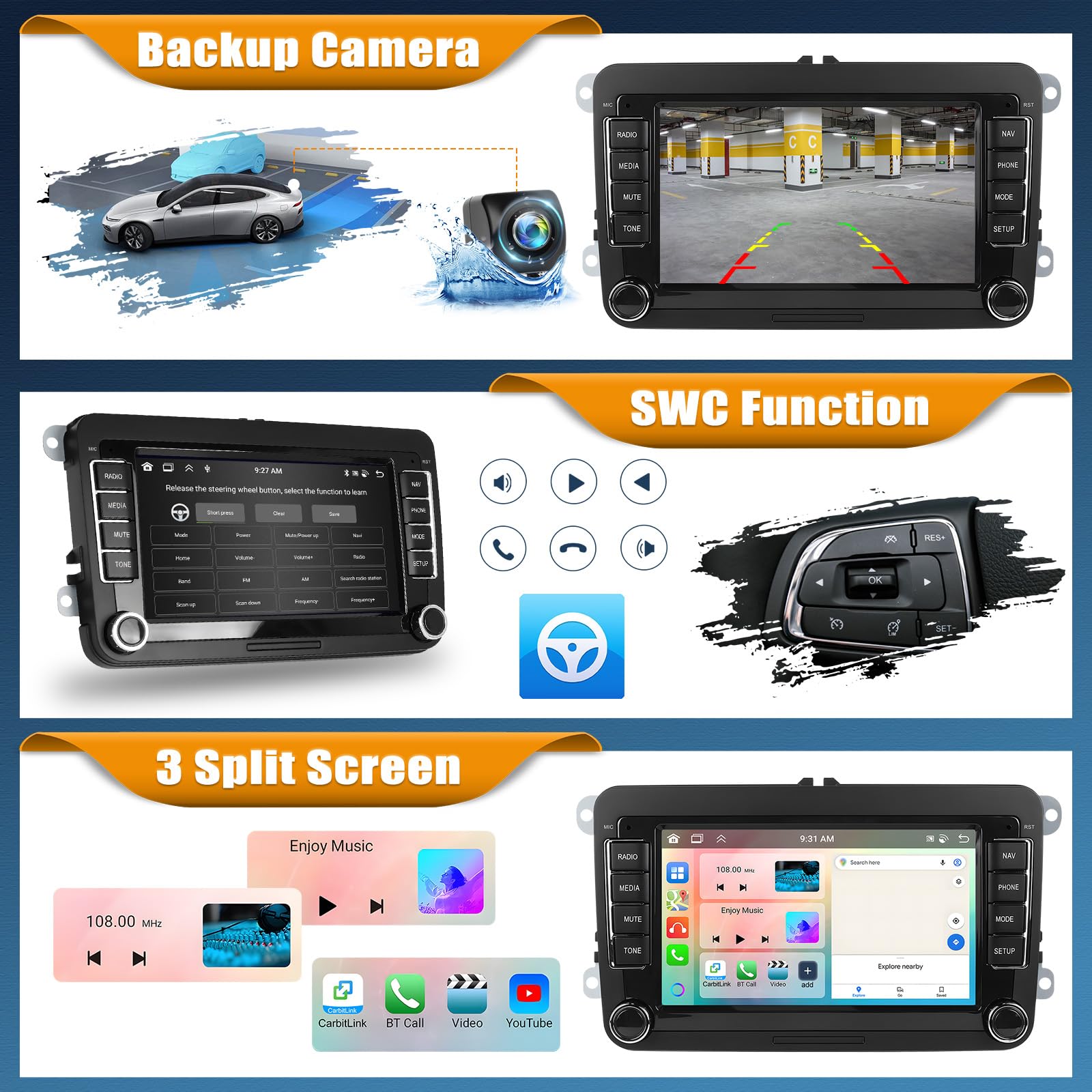 Android 15, 6G+128G 8Core GOHHDL Autoradio 2Din Navi für VW Golf 5 6 Polo Touran, 7 Zoll Auto Bildschirm Touch Radio mit GPS Navi WiFi Bluetooth FM/RDS Radio EQ SWC Rückfahrkamera&MIC