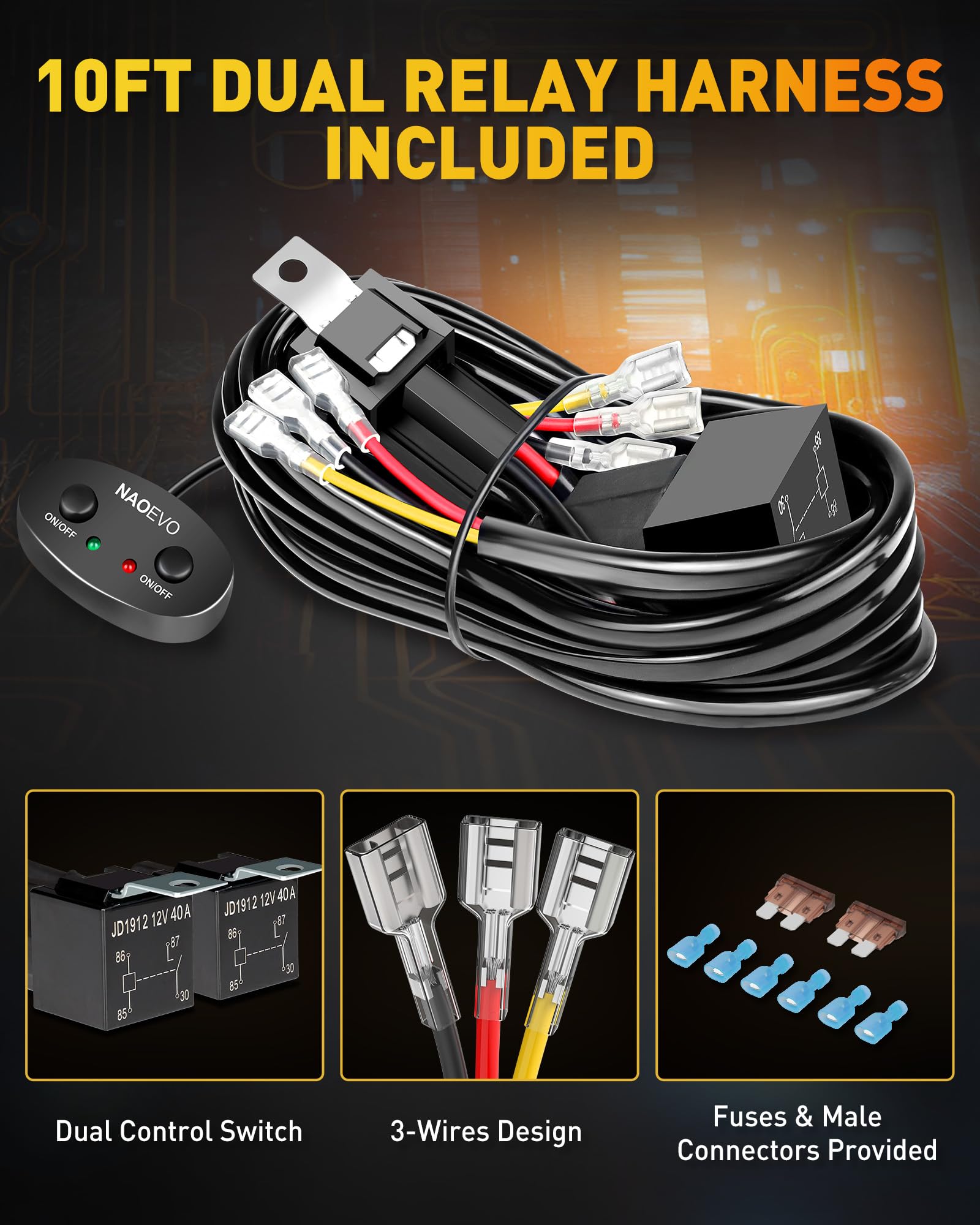 NAOEVO 7 inch Light Bar, 240W 24,000LM Offroad Fog/Driving Lights LED Pods with 2 Leads Wiring Harness, Spot Flood Combo LED Work Lights for Truck Boat UTV ATV Jeep, 2-Pack (White/Amber/White&Amber)