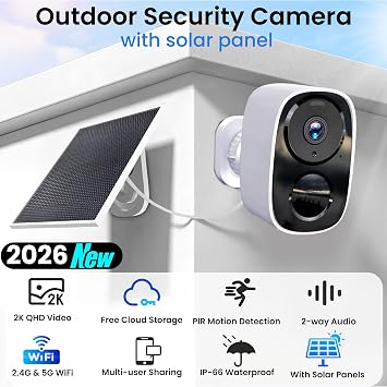 HITELLARCAM 2026 Upgraded 2K Security Cameras Wireless Outdoor with Solar Panels, Free Cloud Storage, AI Motion Detection Spotlight Siren Alarm Outdoor Camera Wireless, 2-Way Talk, IP66 Waterproof