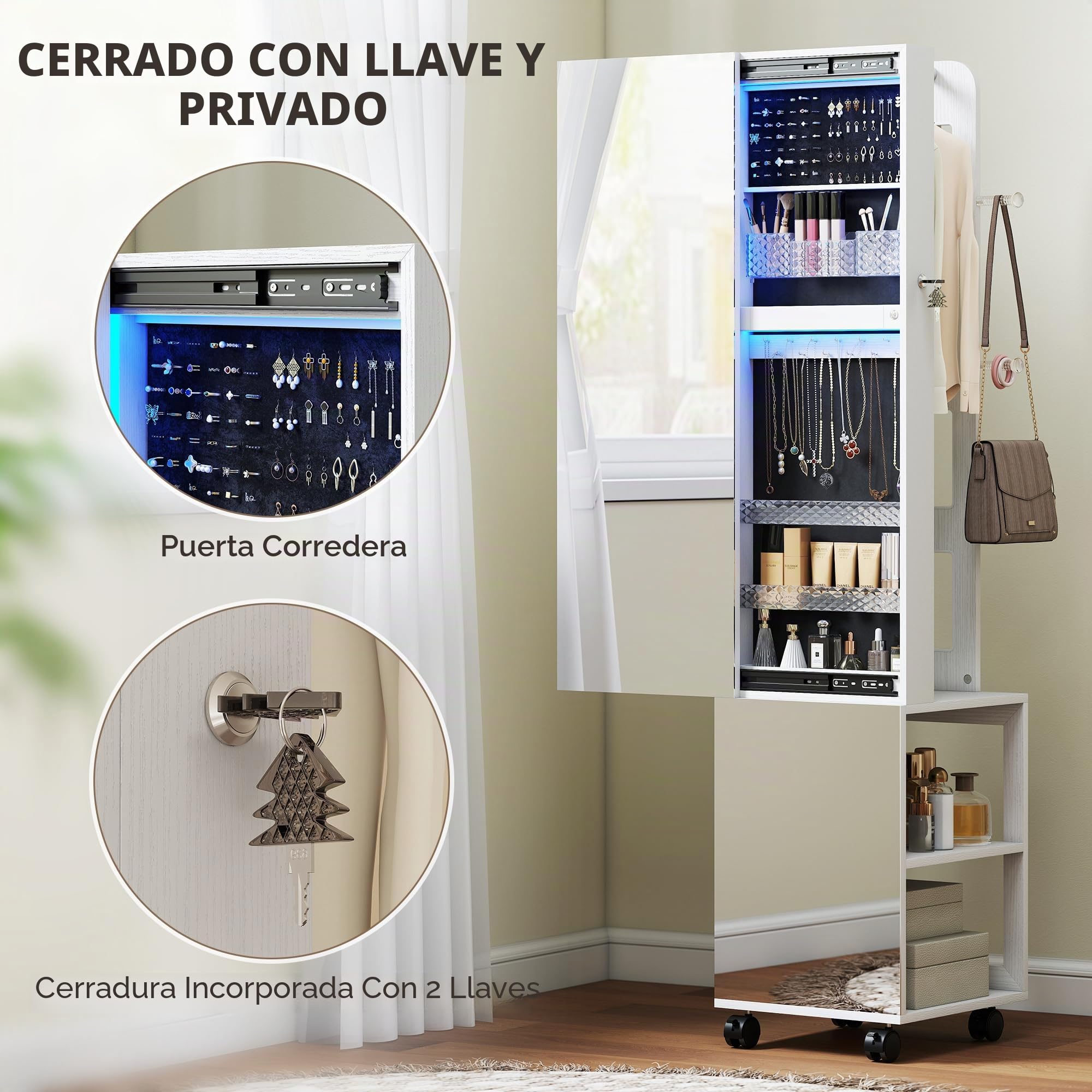 HOMCOM Armario de joyas con espejo, bloqueable 360°, marco blanco | Organizador de joyas giratorio con iluminación LED, para dormitorio/vestidor, forro negro