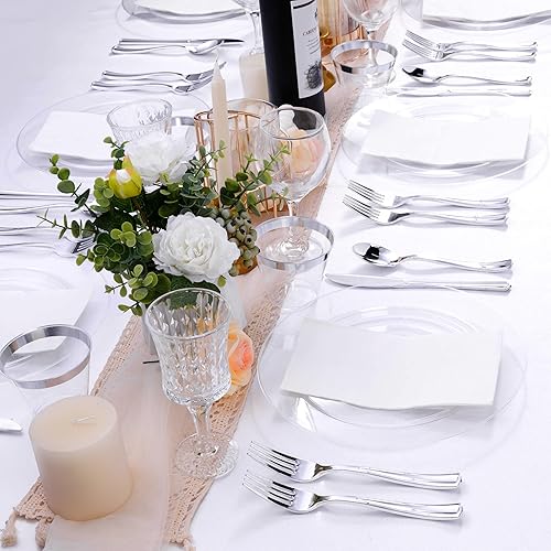 Miniatura 3 de 100 platos de plástico transparente, platos desechables transparentes para 50 invitados, 50 platos llanos de 10.25 pulgadas y 50 platos de postre de