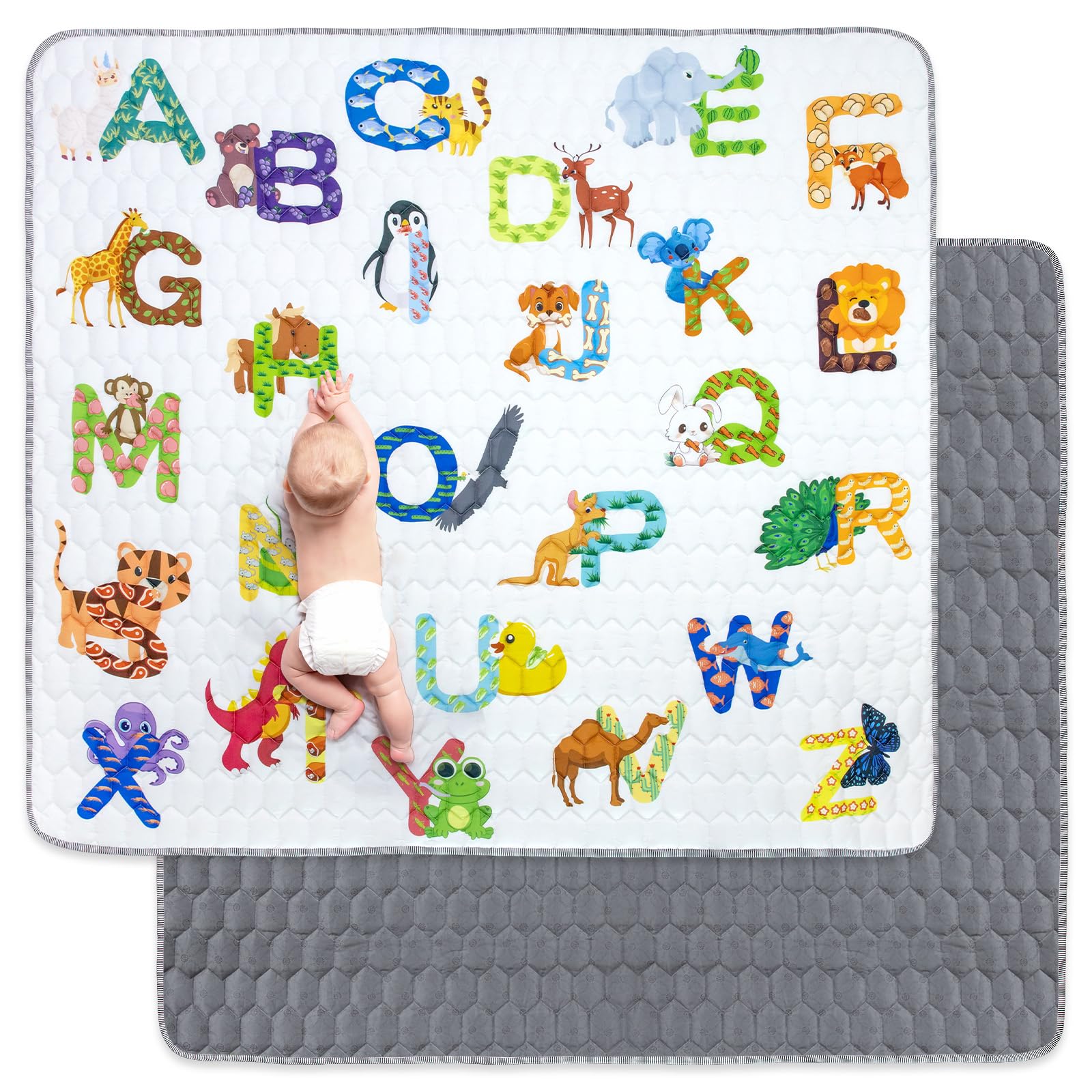 Funsland Tappeto Gioco Bambini, 200x180cm Tappetino Neonato Impermeabile, Pieghevole Morbido & Spessa Tappeto Tummy Time Neonati, Alfabeto Animale Tappeto Gioco Sensoriale per Bambini 1 2 3 Anni