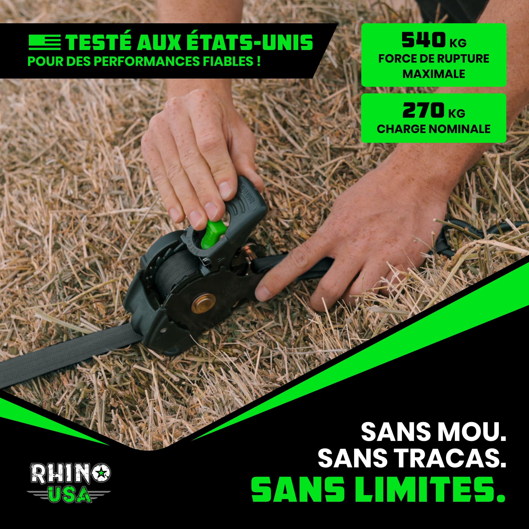 Rhino USA Sangles à Cliquet Rétractables (Lot de 2) - 2.5cm x 3m (540kg Résistance à la Rupture) - Sangles d’Arrimage Automatiques et Robustes pour Camion, Remorque, Moto, Vélo & Plus - Noir