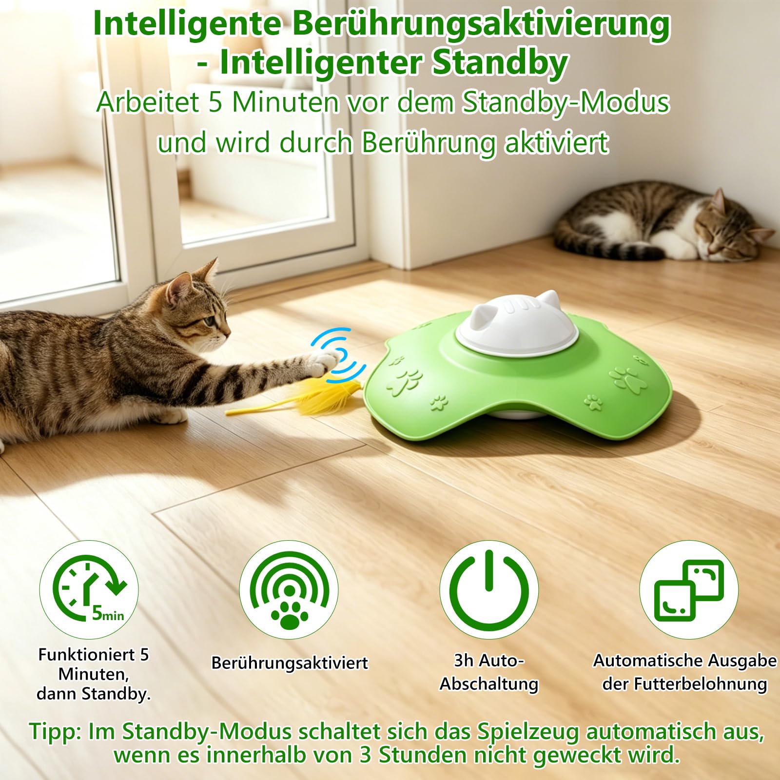 2-in-1 interaktiver Katzenspielzeug für Wohnungskatzen – Intelligentes, wiederaufladbares Federzeug mit Leckerli-Spender, Fernbedienung, 2 Geschwindigkeiten, automatisches Belohnungssystem