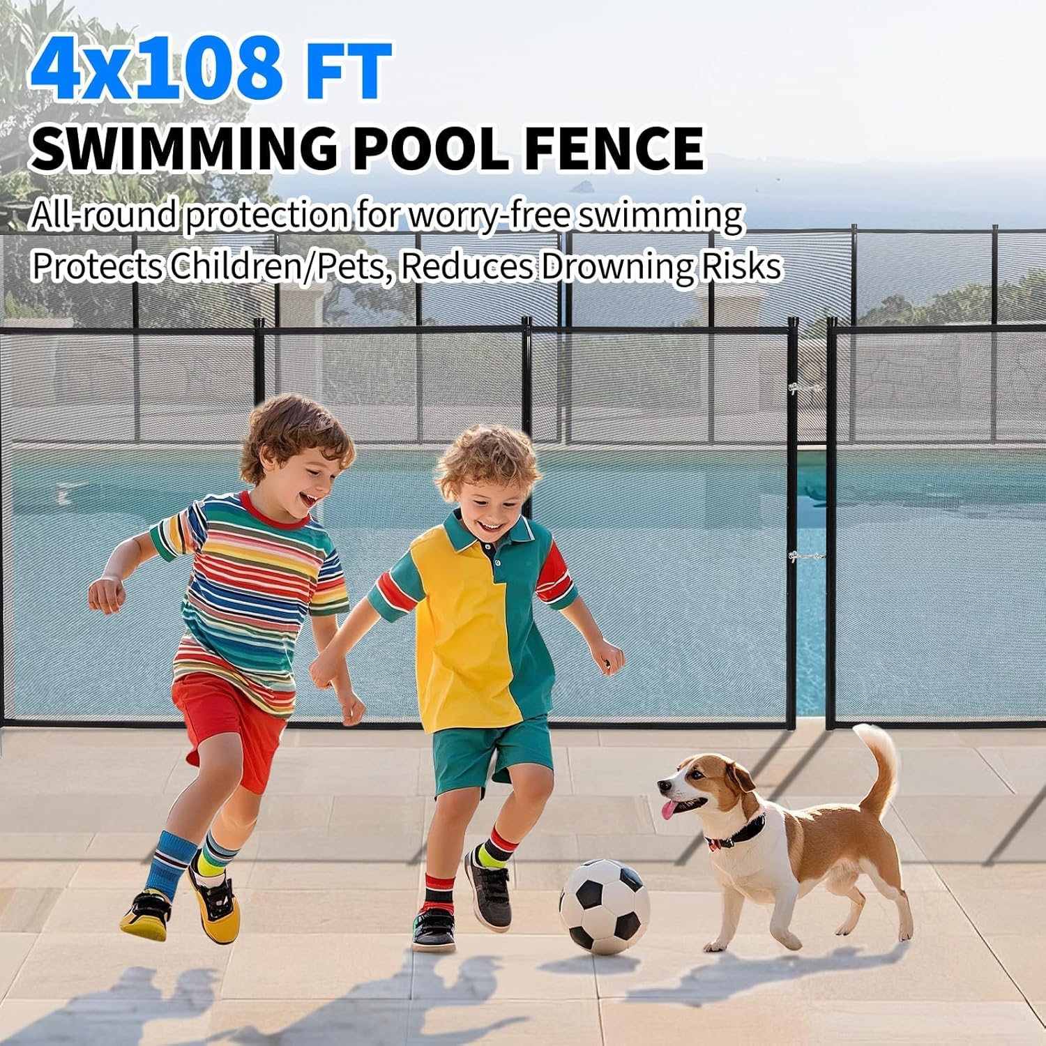 Swimming Pool Fence 4Ft x 108Ft, Ground Safety Fencing with Gate, Removable Safety Barrier for Swimming Pools, 320GSM Tear-Resistant Mesh, Easy DIY Installation, Black
