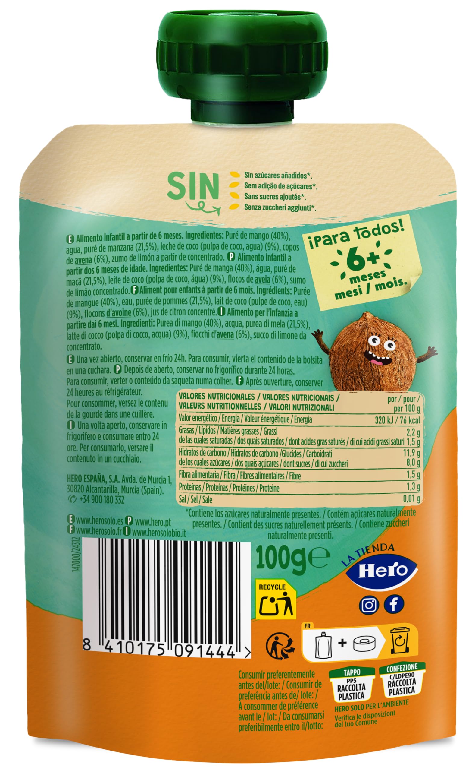 Hero Solo, Bolsita Fruta Bebé, Mango Avena Coco 100% Natural, Sin Conservantes ni Colorantes, Desde 6 Meses, 100g
