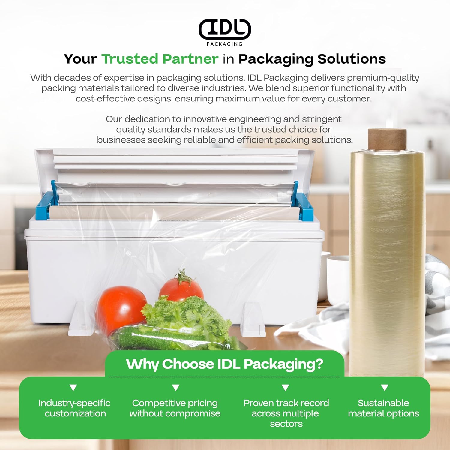 IDL Packaging WP-179D 12" WrapMaster Dispenser with 12" x 2000' Food Film Roll – Complete Food Wrapping Solution on Your Kitchen - 100% Food-Grade and BPA Free
