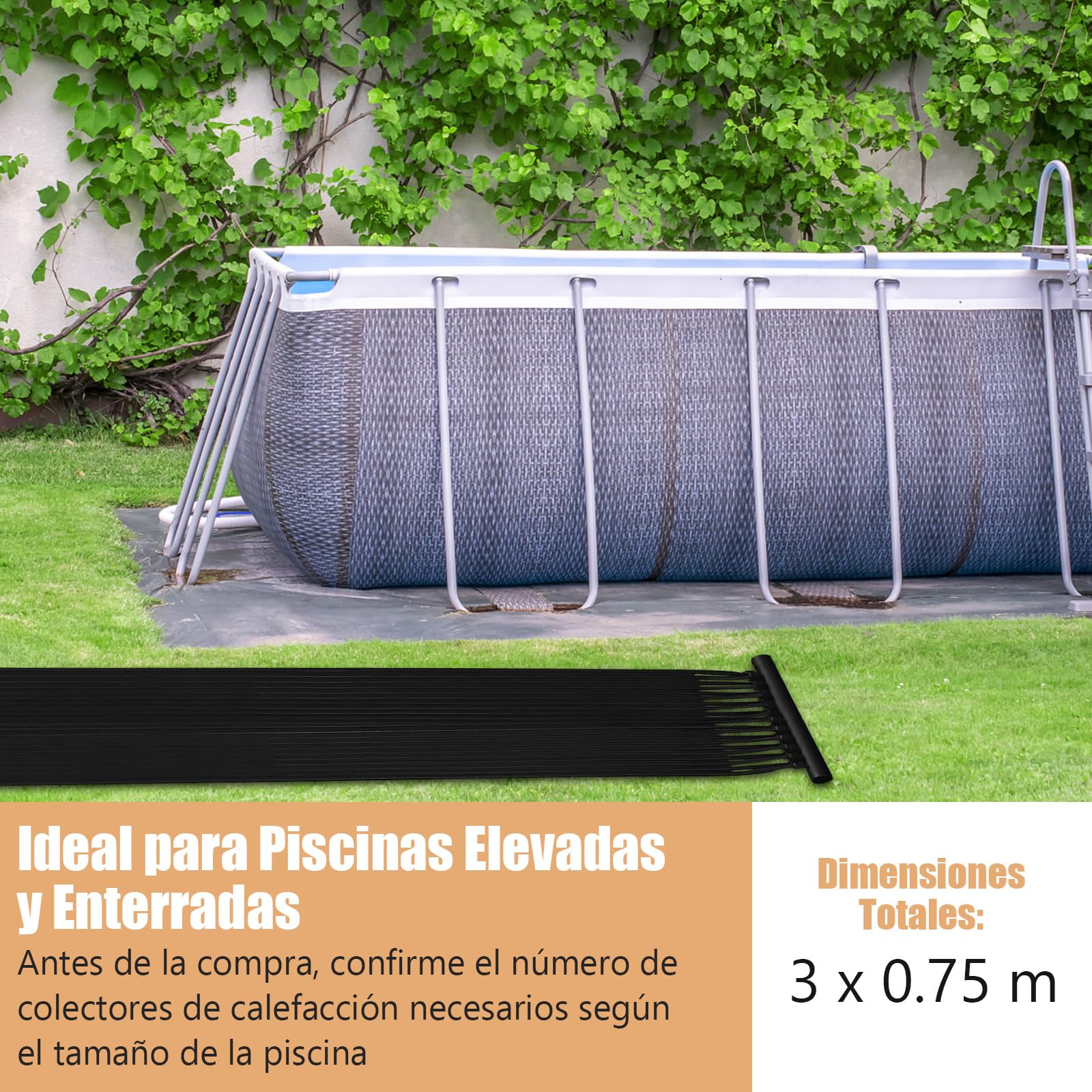 COSTWAY Calentador Solar de Piscina, 300/500/600 x 75 cm, 2 Panel Solar, Calefacción Solar para Piscinas elevadas y enterradas de 12000/21500 /25800L (300 x 75 cm)