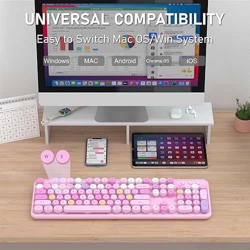 Miniatura 4 de Teclado Bluetooth inalámbrico colorido, 2.4 G y multidispositivo Bluetooth dual, teclas redondas retro de máquina de escribir, 104 teclas de tamaño