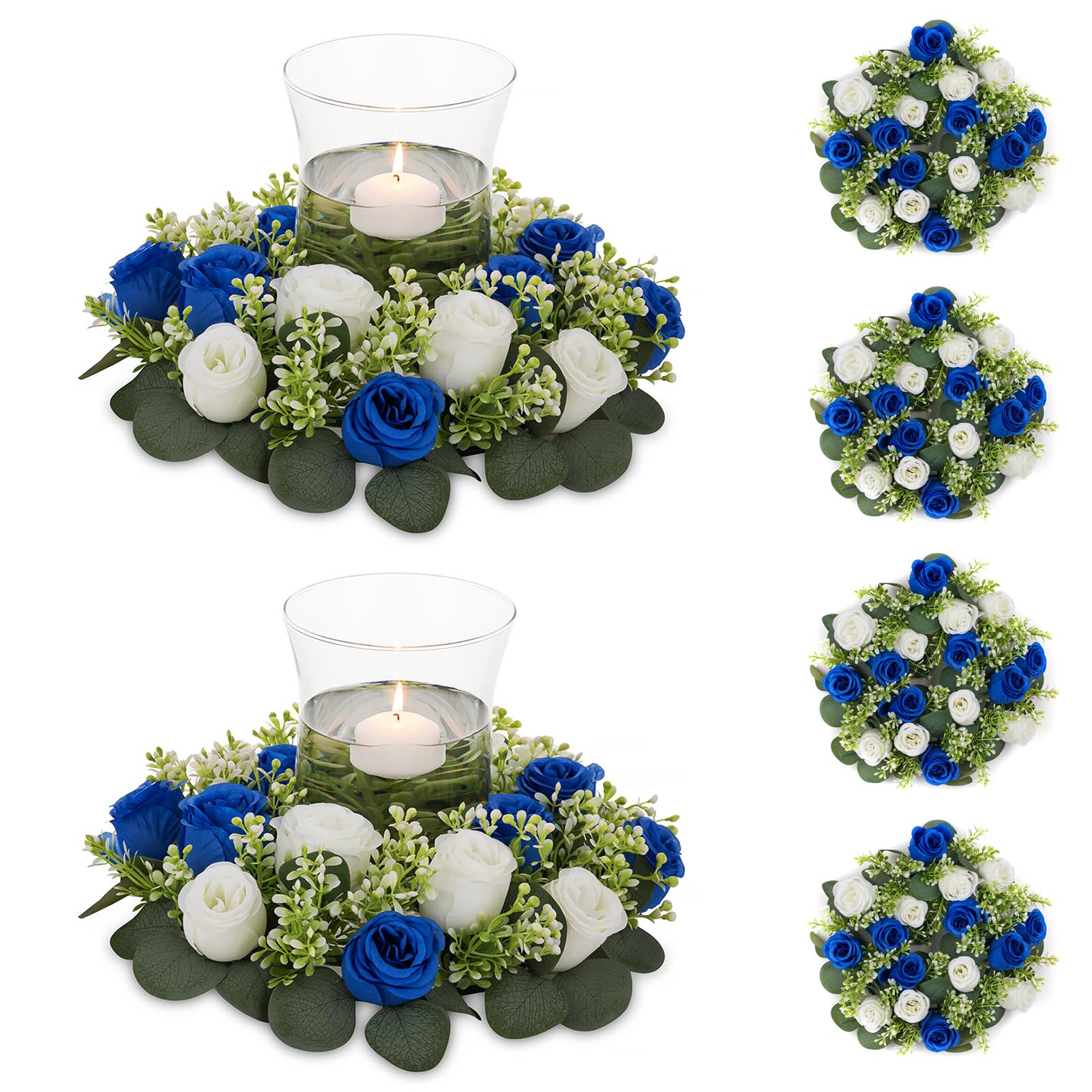 NUPTIO Artificial Flowers Candle Rings: 6 Pcs 14 inch Diam Large Royal Blue & White Fake Roses Wreath Wedding Centerpieces for Tables Spring Summer Wreath for Front Door Weddings Party Ceremony Decor