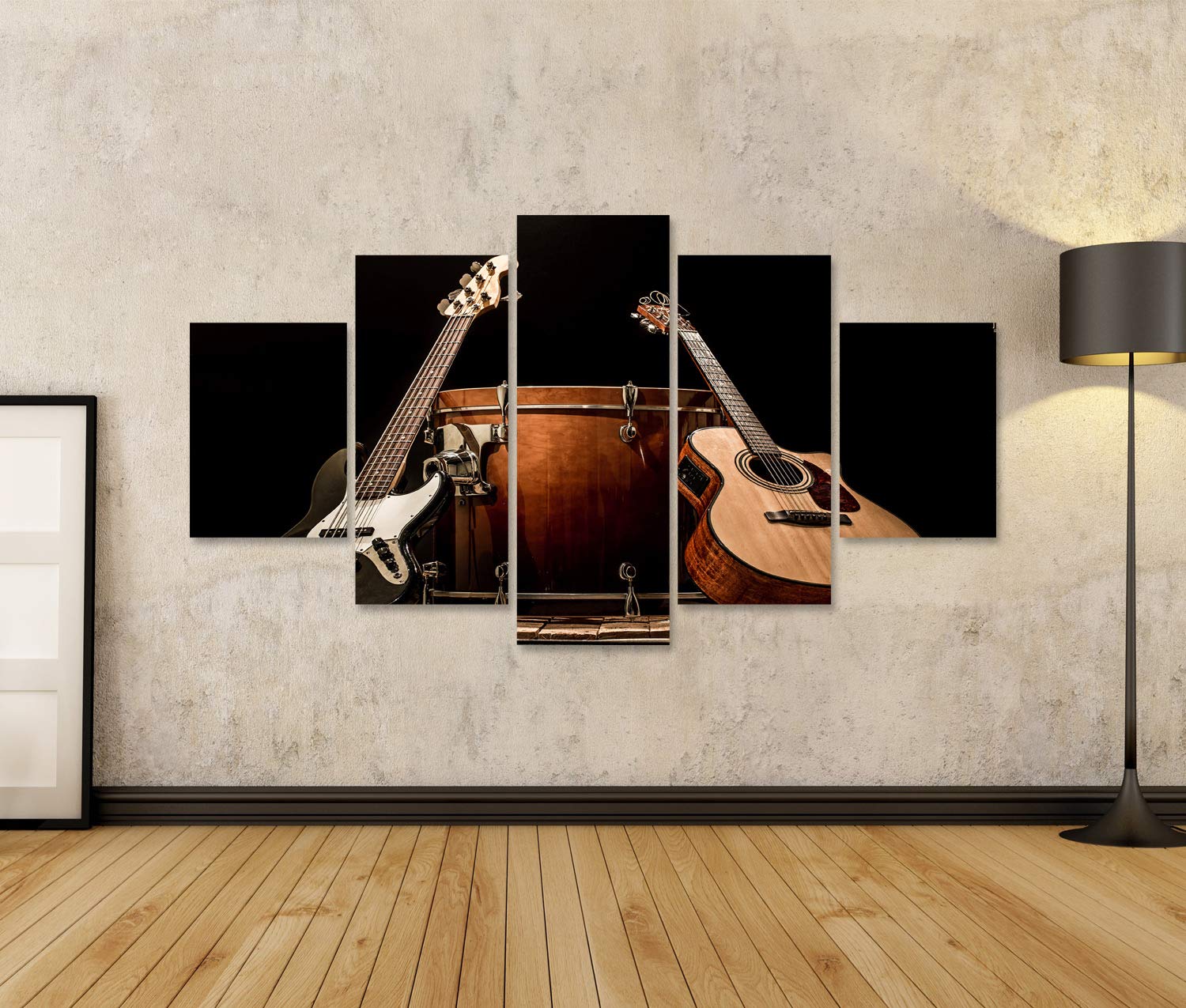 islandburner Quadro su tela Strumenti musicali Bass Drum Barrel Chitarra acustica Basso Nero Sfondo Concetto di musica Stampe Arte Poster Murale