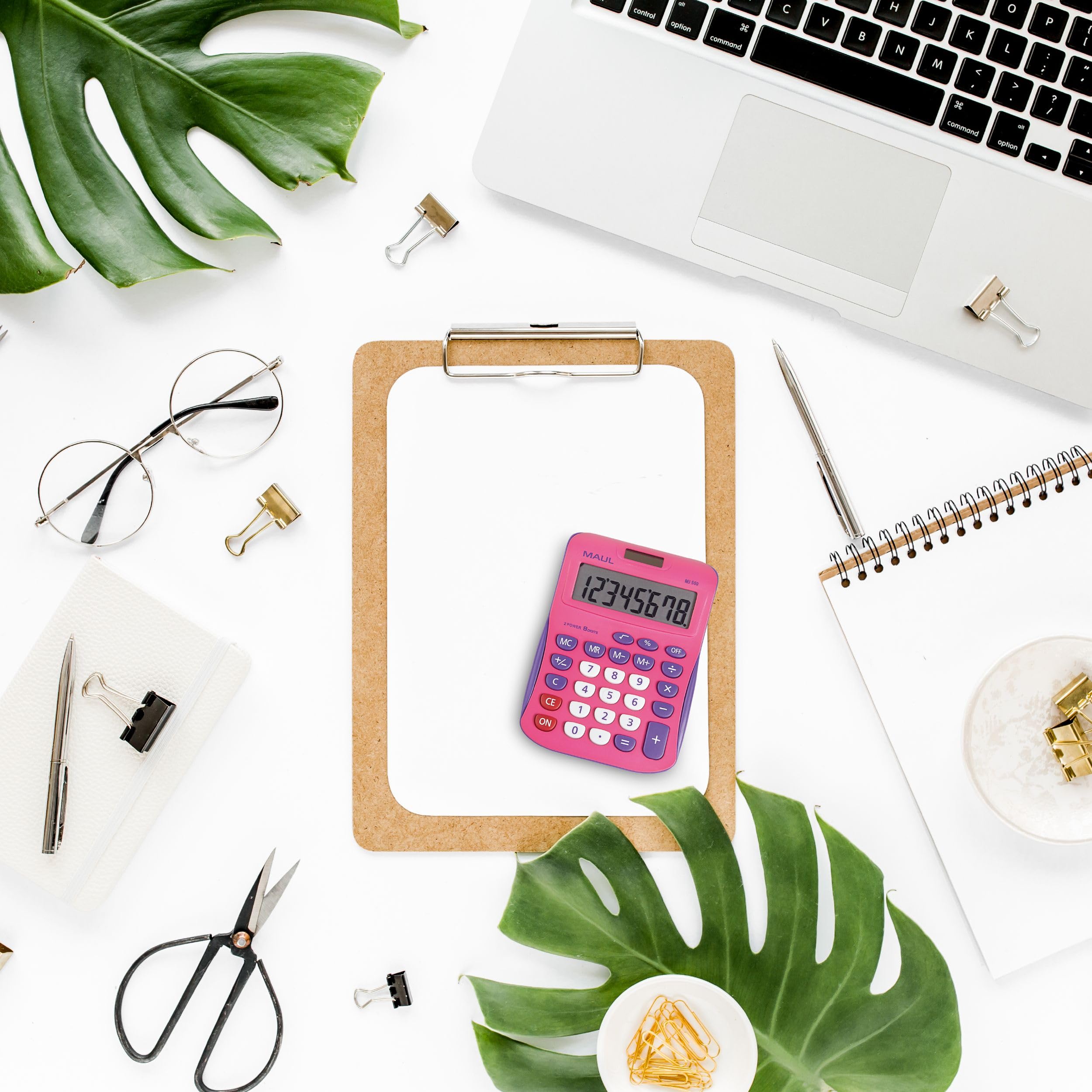 Maul calculadora MJ 450 | Calculadora Rosa con Pantalla de 8 dígitos | Calculadora Solar con utilización de la Pila en la Oscuridad | Calculadora pequeña 15,5 x 11 x 2,5 cm | Rosa