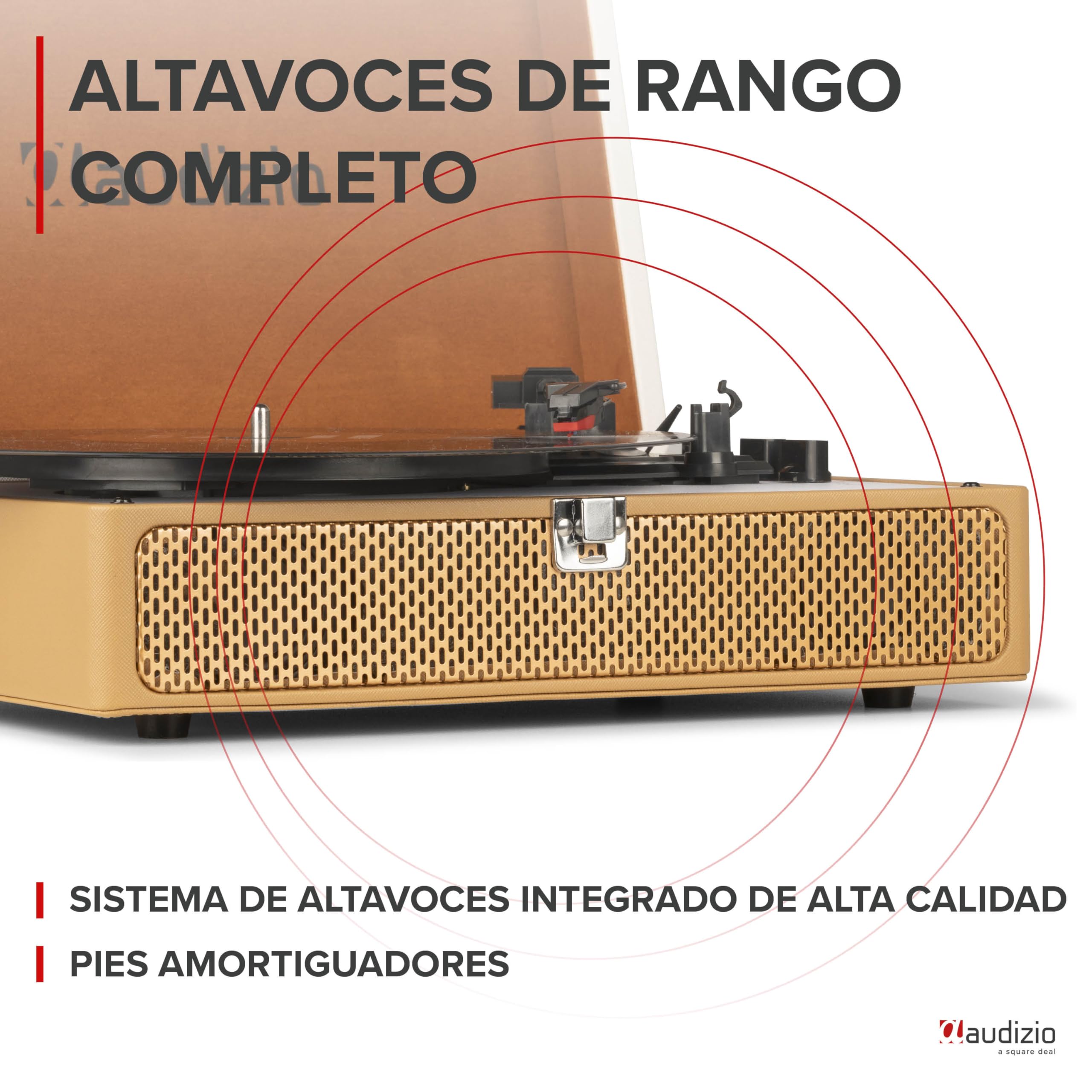 Audizio RP119 - Tocadiscos Retro con Altavoz Bluetooth de Vinilo para Enviar y Recibir, 3 velocidades 33/45/78, formatos 7''/10''/12'', AUX de 3,5 mm y RCA/Cinch - Bronce/Cuero