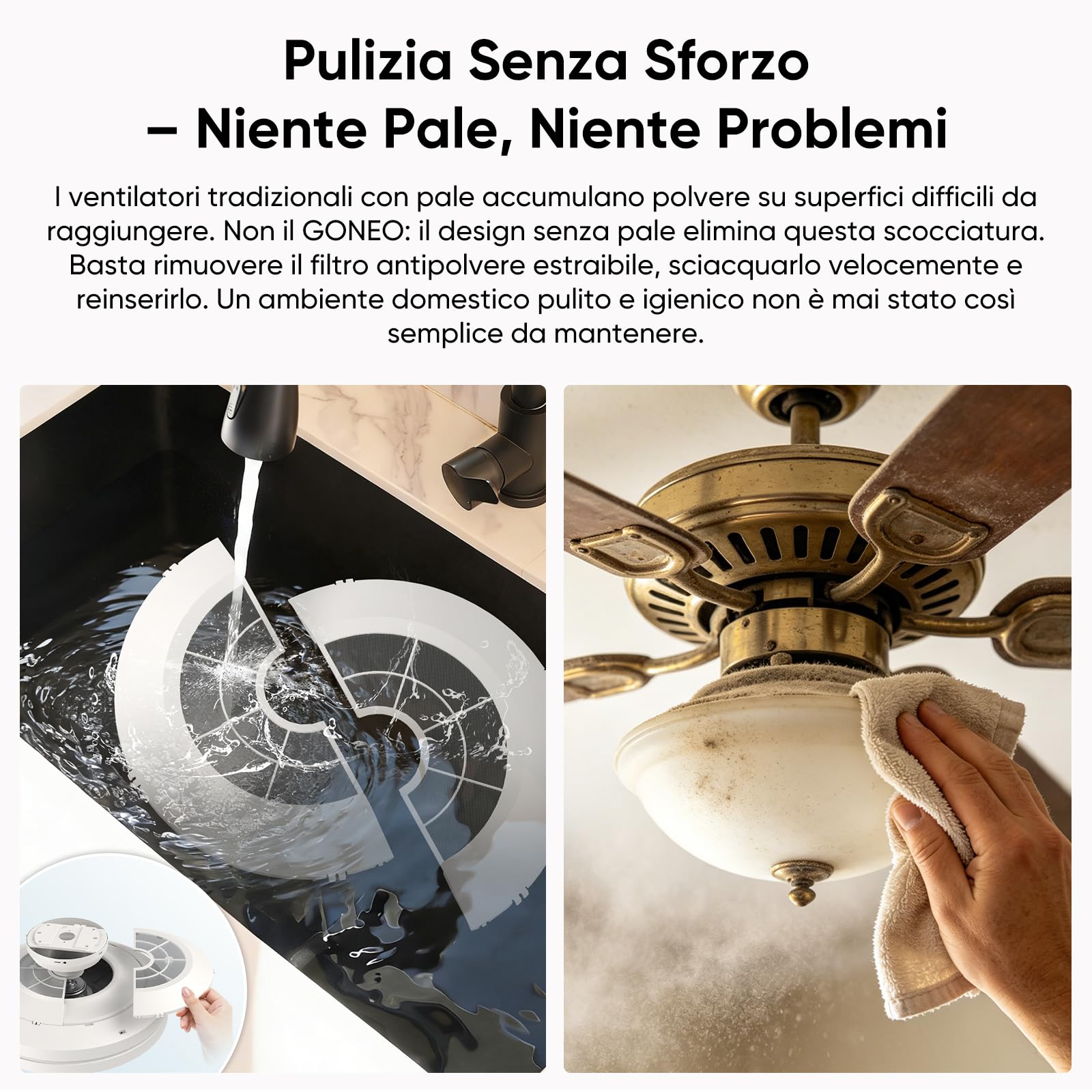 GONEO Ventilatore da Soffitto Senza Pale con Luce –24,5 cm Basso Profilo,Incasso,LED Dimmerabile 3000–6500K,6 Velocità,Telecomando Timer,Silenzioso,Camera Bambini Ufficio | Soffitti Bassi Appartamento