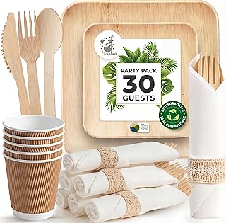 Palm Leaf Bamboo Plates & Pre-Rolled Bamboo Cutlery Party Set - 10 & 7''...