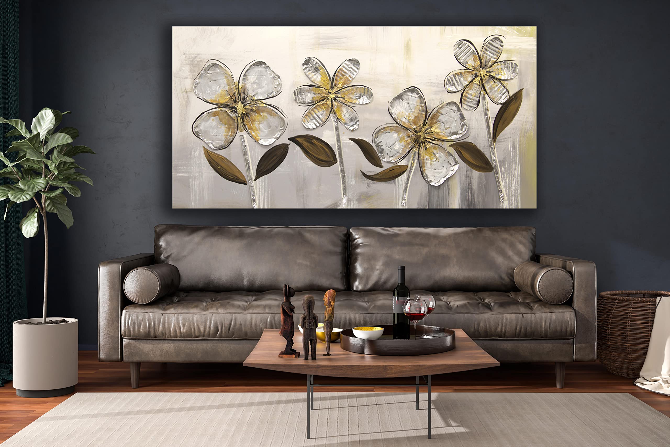 DIAMOND HOME Dipinto a Mano Acrilico su Tela con Telaio d'Abete - Quadro Materico Rettangolare con Dettagli in Rilievo - Made in Italy da Pittori Specializzati (50x100) FIORI ALLU-50x100