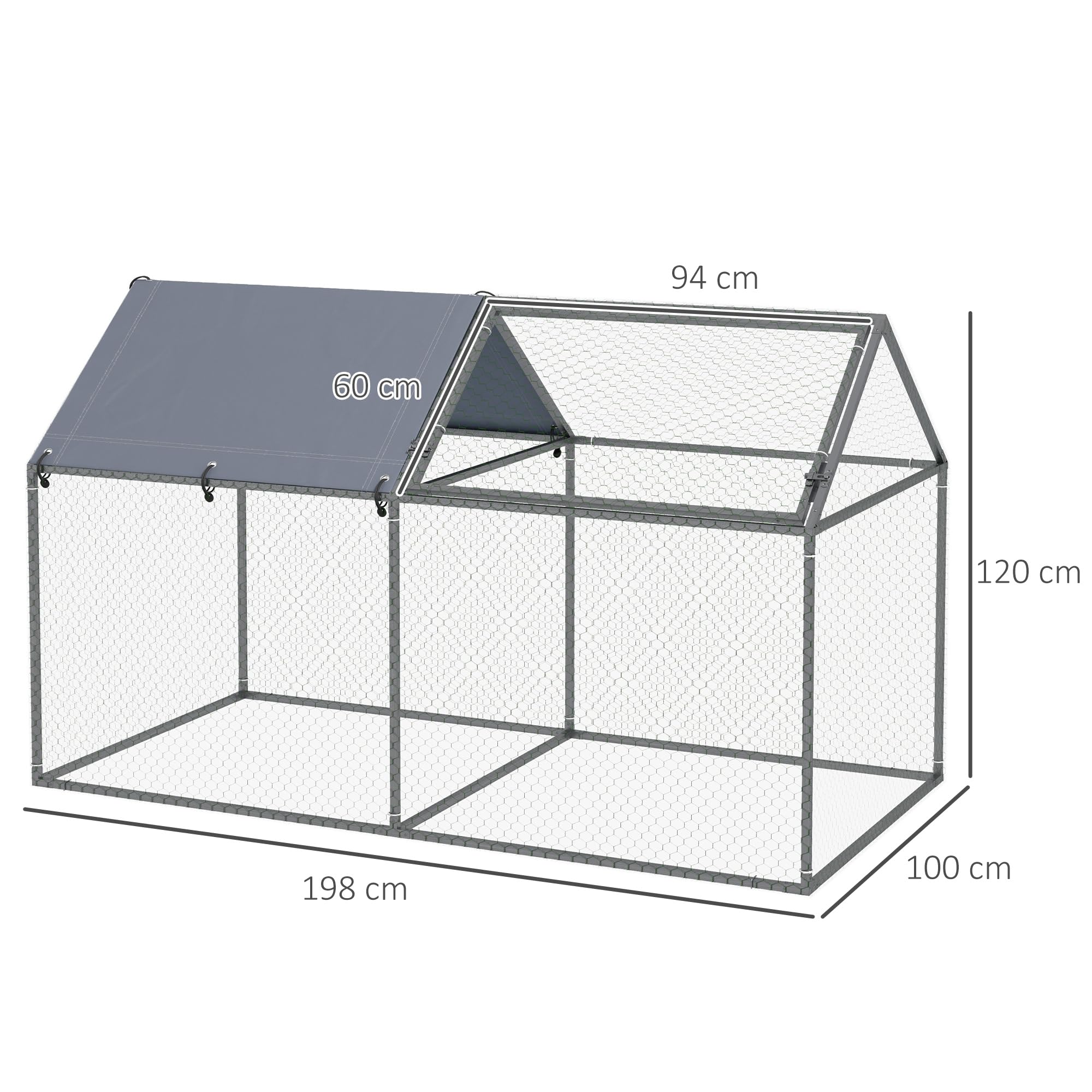 PawHut Jaula para Animales Pequeños Puerta Superior 198x100x120 cm Plata | Parque para Mascotas de Acero, 1 Tela Superior de Anti-UV, para Exterior Jardín