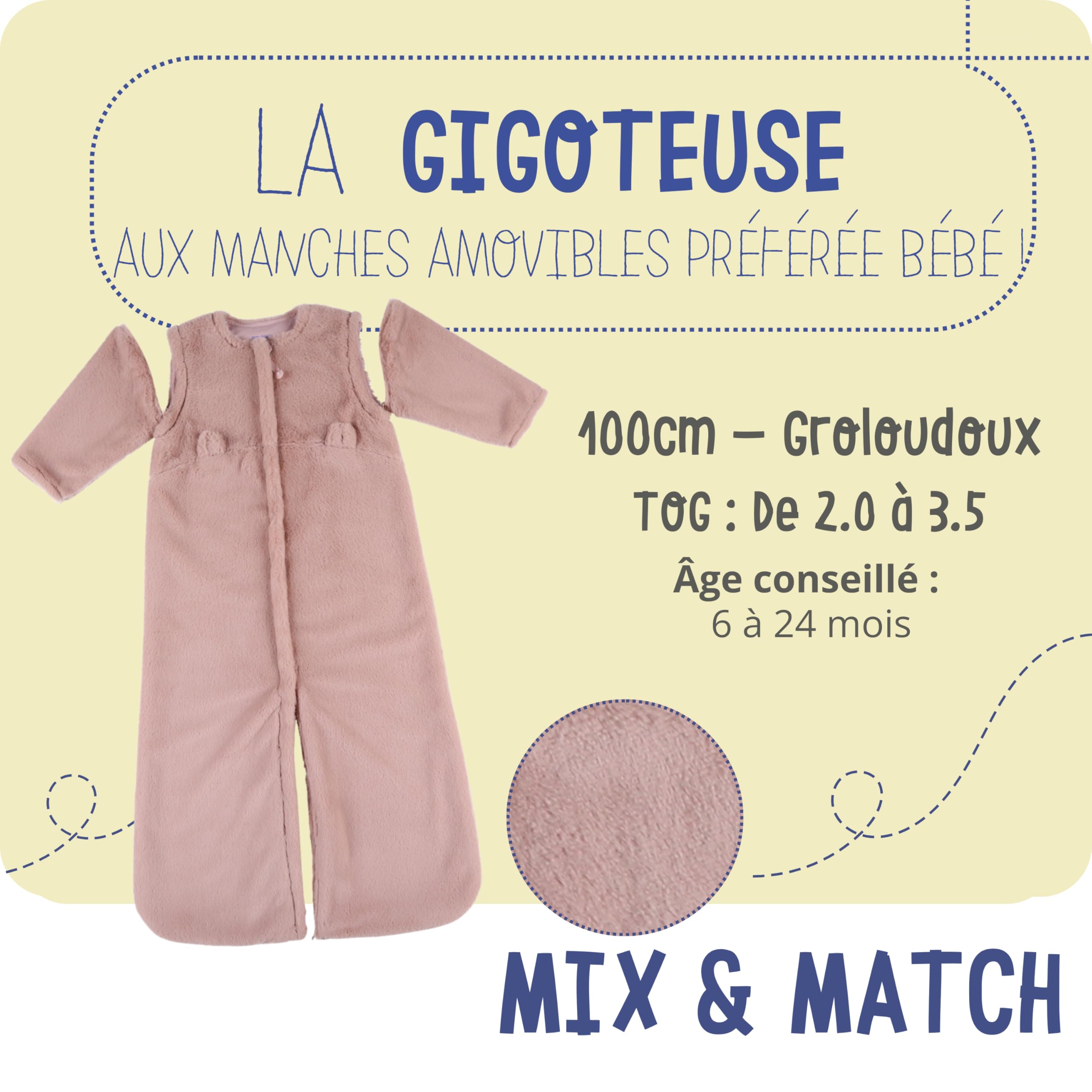 Noukie's - Sacco nanna invernale 6-24 mesi (100 cm) - Sacco nanna TOG da 2 a 3,5 - Groloudoux rosa chiaro