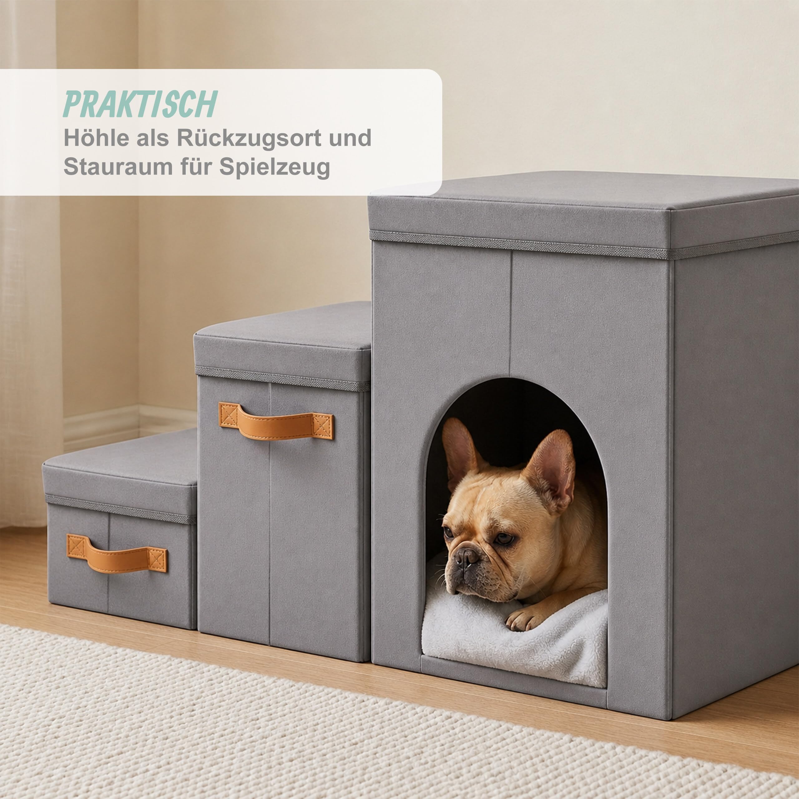 Relaxdays Hundetreppe, 3 Stufen, Höhle & Stauraum, HxBxT: 44,5 x 78 x 33,5 cm, faltbar, Hunderampe Bett & Sofa, grau