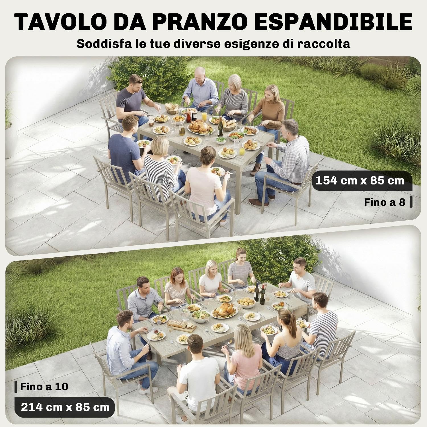 Tavolo da Esterno Giardino, Allungabile, Rettangolare, In Alluminio/Acciaio, 154-214x85x75 cm, Grigio Chiaro
