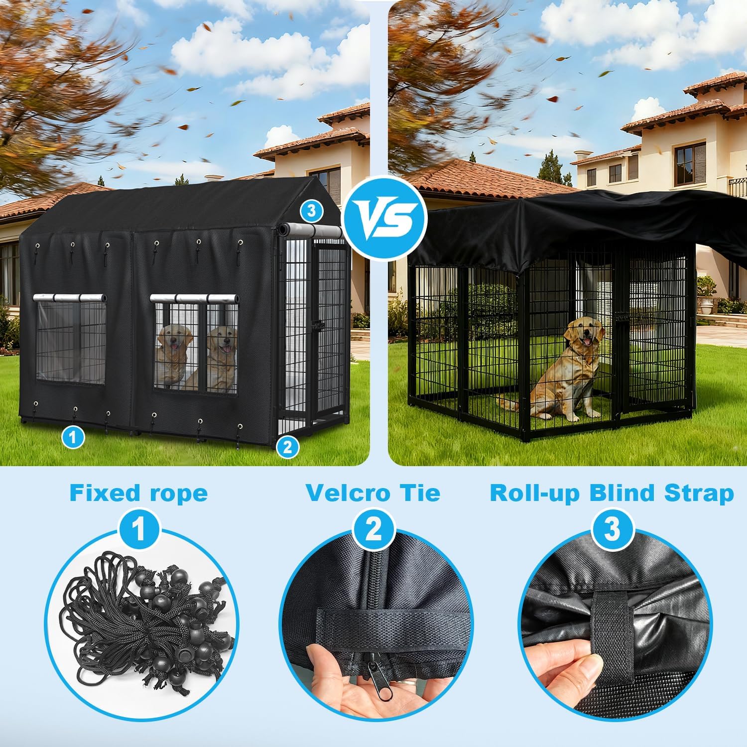 Outdoor Dog Kennel Cover for 8'Dx4'Wx6'H with Grids and Transparent Window, 600D Full Coverage & Silver-Coated Interior Waterproof Dog Crate Cover for Large Dog Cage Outdoor (Cover Only)