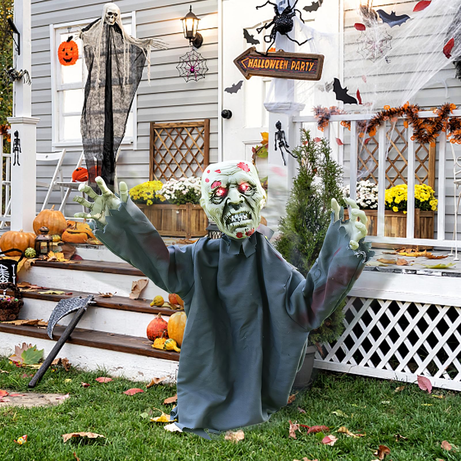 Halloween Animatronic Zombie Groundbreaker, Halloween Deko Gruselig Skelett Zombie mit Leuchtende Augen und Gruseligem Klang, Schwankender Zombie Animiert für Halloween Deko Outdoor, Garten, Rasen (B)