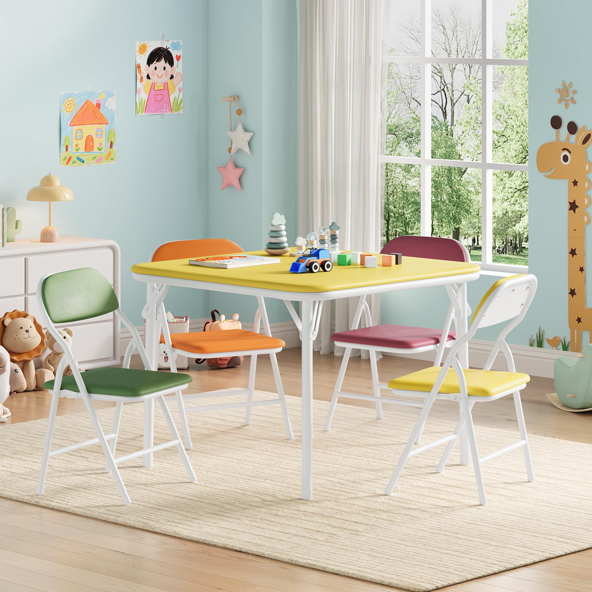 Conjunto Infantil De Mesa y 4 Sillas Plegables, Negro, Acero con Superficie De Cuero PU, Cojines Acolchados, para Jugar, Comer y Aprender