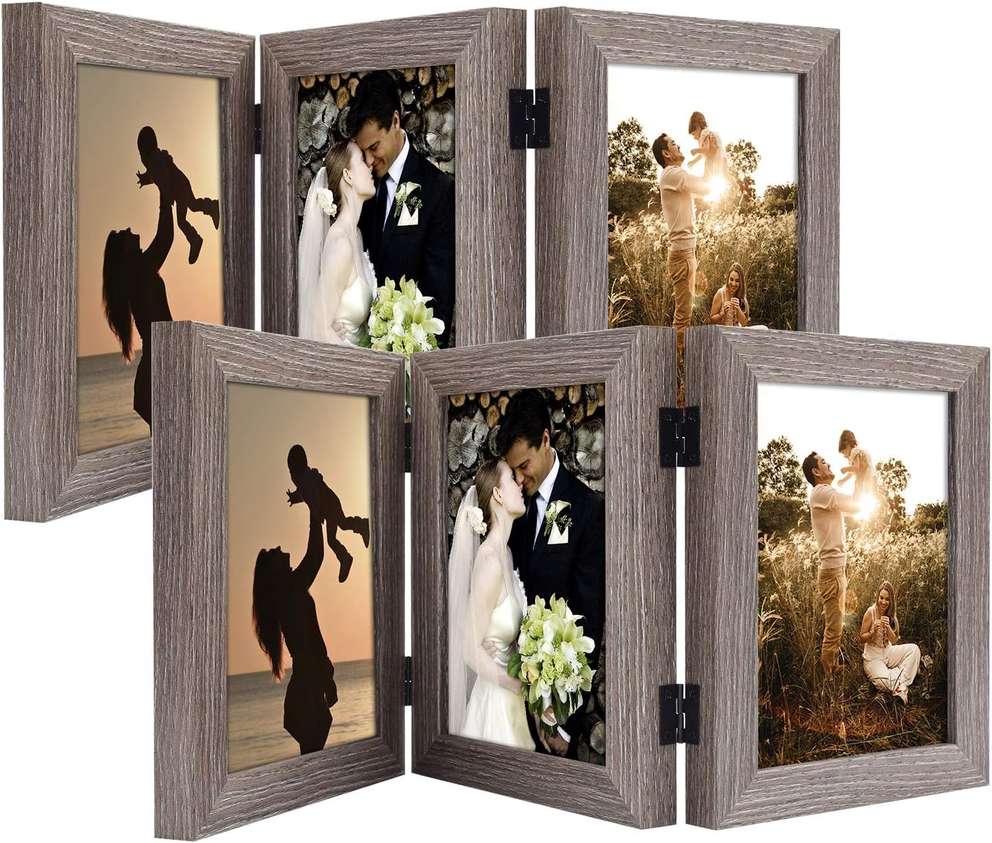 Cadre photo triptyque à charnière gris avec 3 ouvertures verticales 13x18 cm