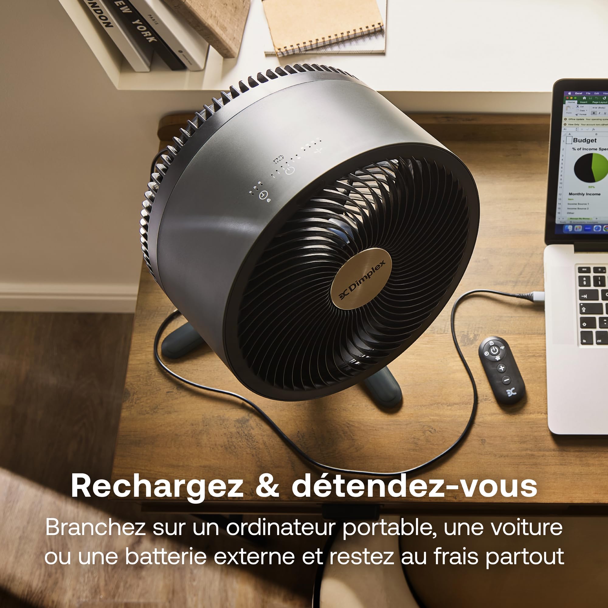 DIMPLEX DUOCOOL Smart Ventilateur sans Fil 2-en-1, Pied & Table, Batterie 45 h, 5 Vitesses + Turbo, 20 m, 36 dB, App, Google Home & Alexa, Télécommande, Noir