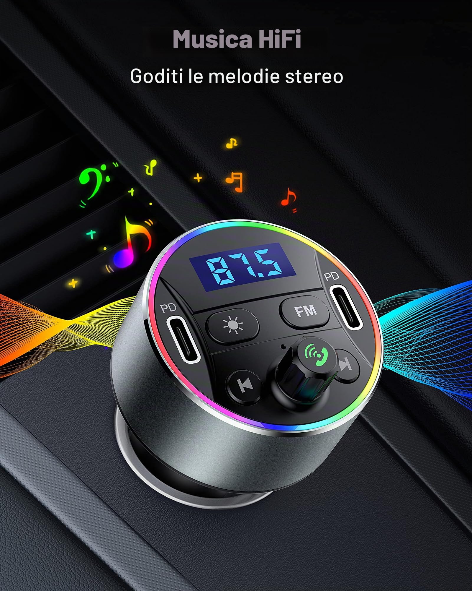Trasmettitore Bluetooth per Auto con PD 20W Caricatore per Accendisigari e Adattatore Trasmettitore FM Bluetooth Auto Vivavoce