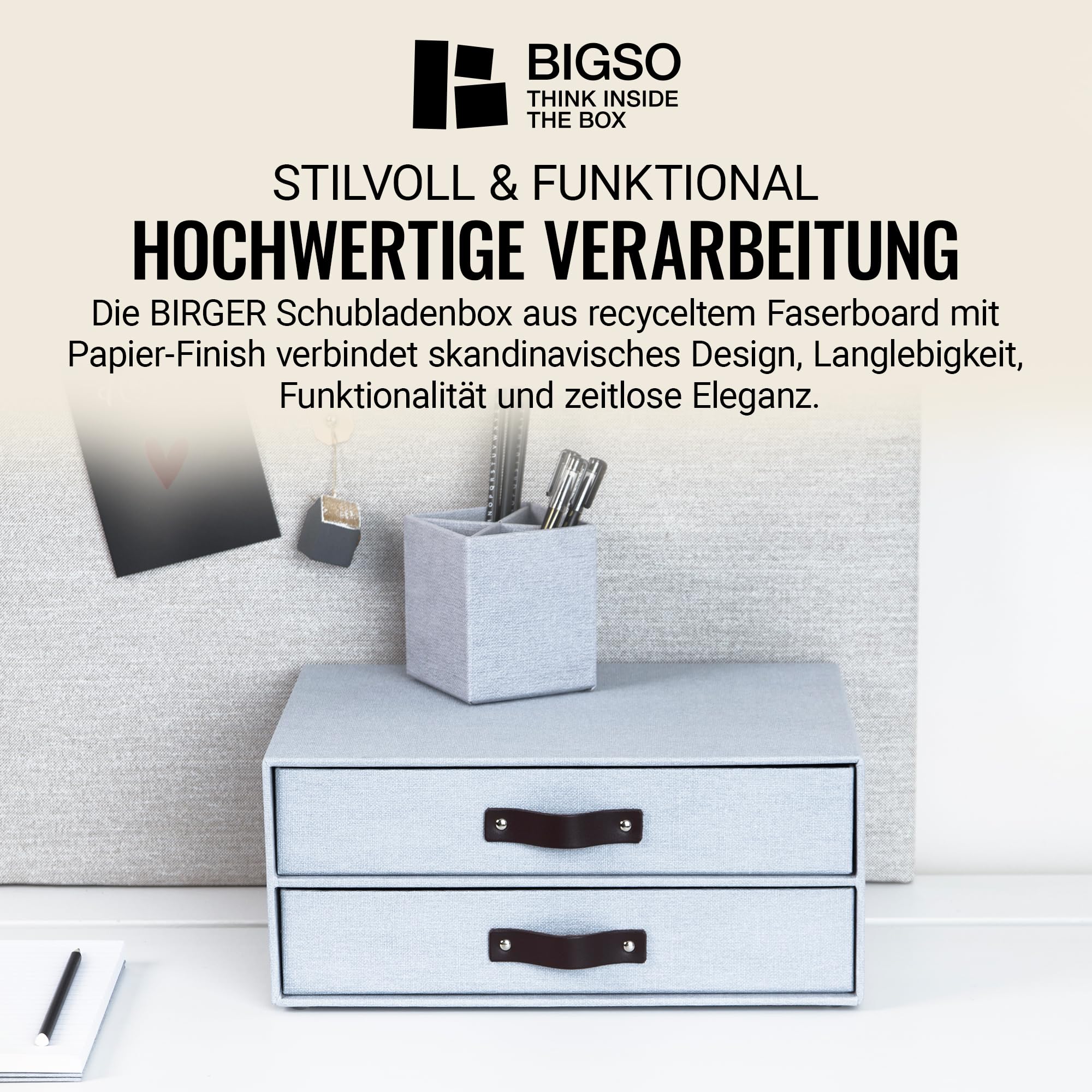 BIGSO BIRGER Cassettiera per documenti e forniture per ufficio, organizer da scrivania con 2 cassetti, sistema di ripiani in fibra e carta effetto lino, grigio chiaro