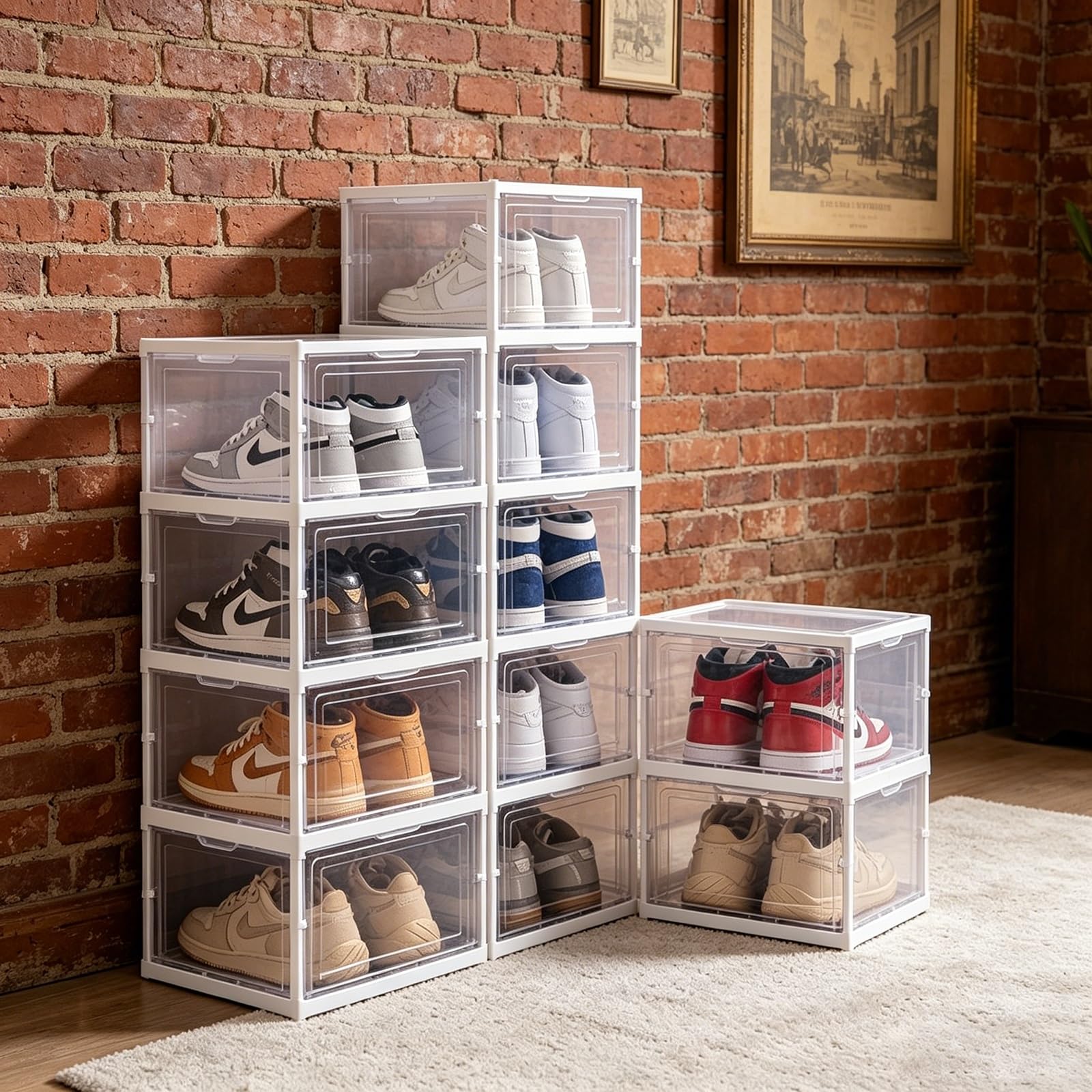 TYNGBT 6-Tier Foldable Shoe Storage Box, Stackable Plastic Shoe Organizer for Closet