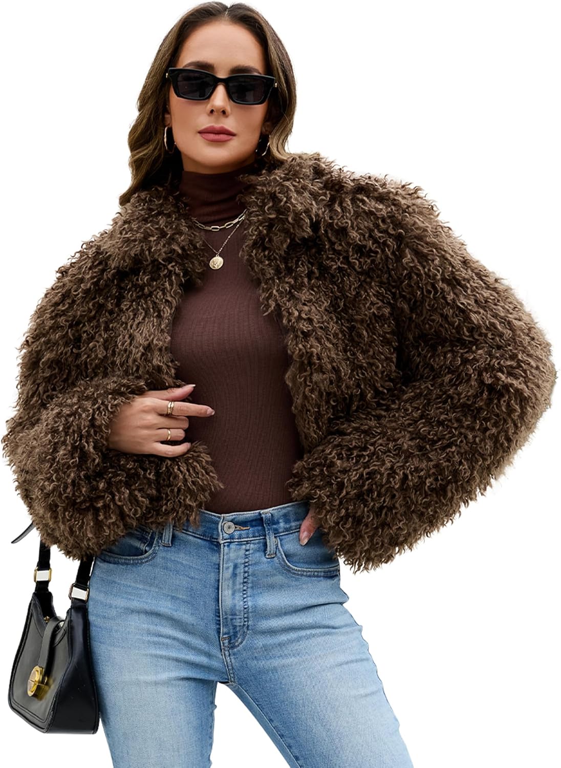 Womens Faux Fur Cropped Coats Fuzzy Long Sleeve Stand Collar Winter Jacket Open Front Cardigan Top Fluffy Warm Outwear