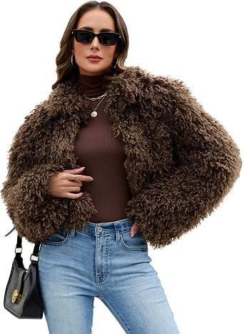 Womens Faux Fur Cropped Coats Fuzzy Long Sleeve Stand Collar Jacket