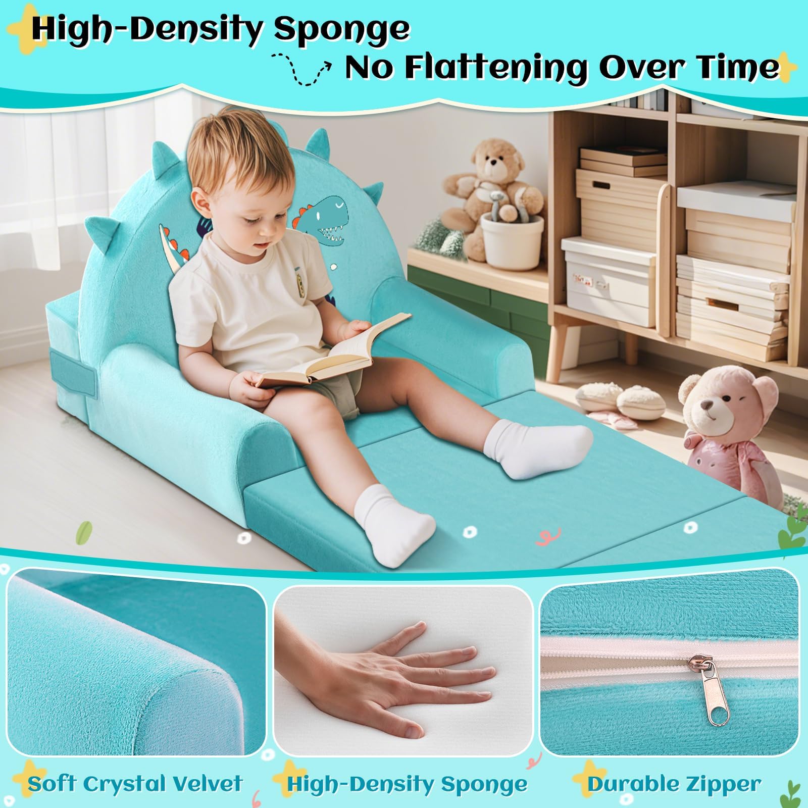 Dinosaurier Kindersofa, Aufklappen 2 in 1 Mini Couch, 150cm Wweiches Kristall Samt Kleinkinder Spielsofa für Schlafzimmer Wohnzimmer, Spielzimmer, Geburtstag Geschenk für Jungen Mädchen