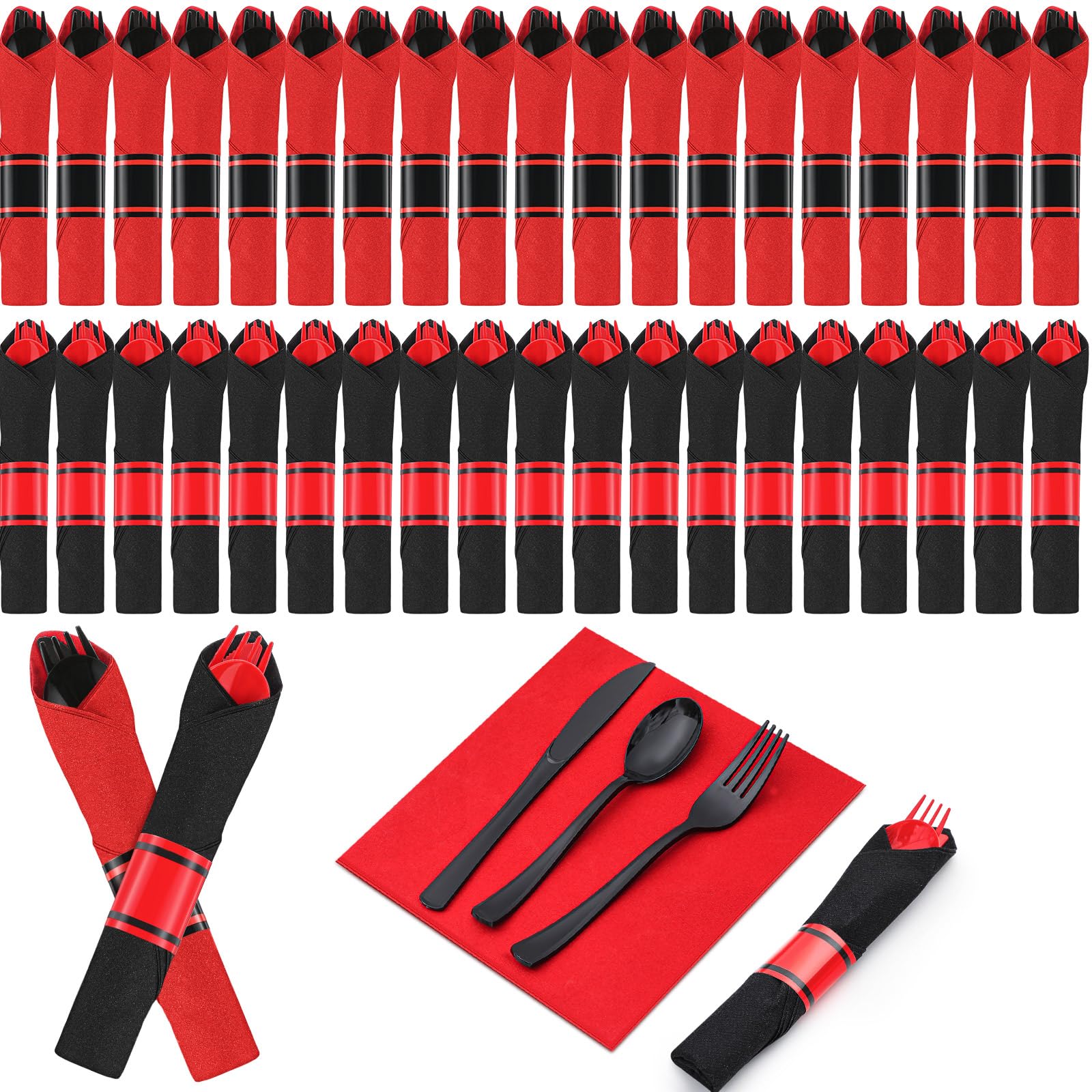 Lasnten 200pcs Pre-rolled Red and Black Plastic Silverware Set for 50 Guest Disposable Plastic Cutlery Set with Napkins for 2026 Graduation Red and