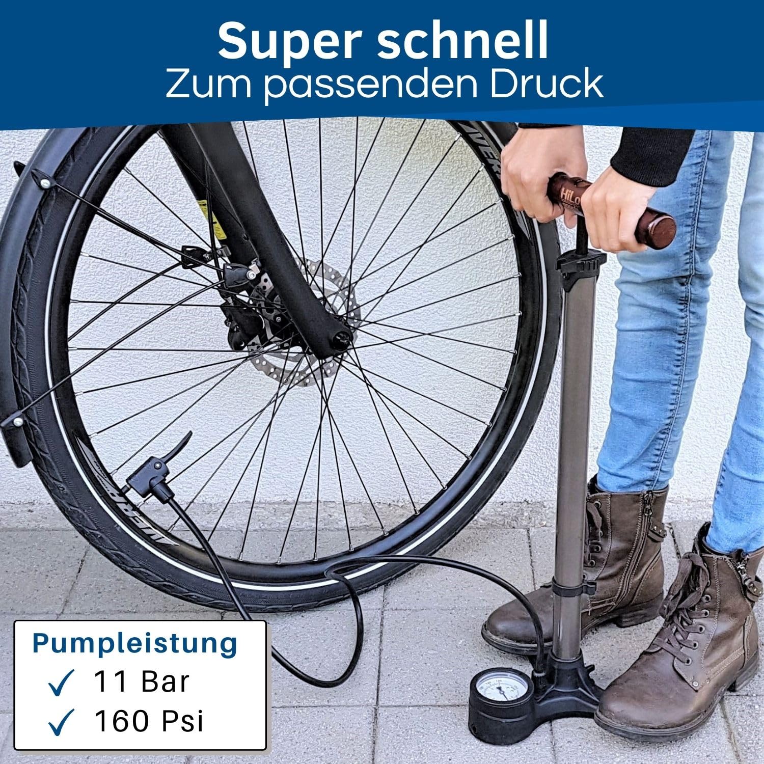 HiLo sports Fahrrad Standpumpe bis 11 bar - [Passt für alle Ventile] - Standluftpumpe mit Holz Griff - Aus lackiertem Stahl gefertigte Stand Fahrradpumpe