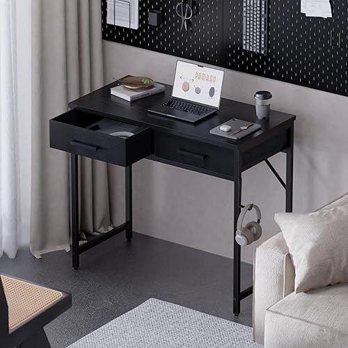 Miniatura 2 de Pamray Escritorio pequeño para computadora de 32 pulgadas con 2 cajones para dormitorio, estudio, escritura, mesa de oficina en casa para espacios