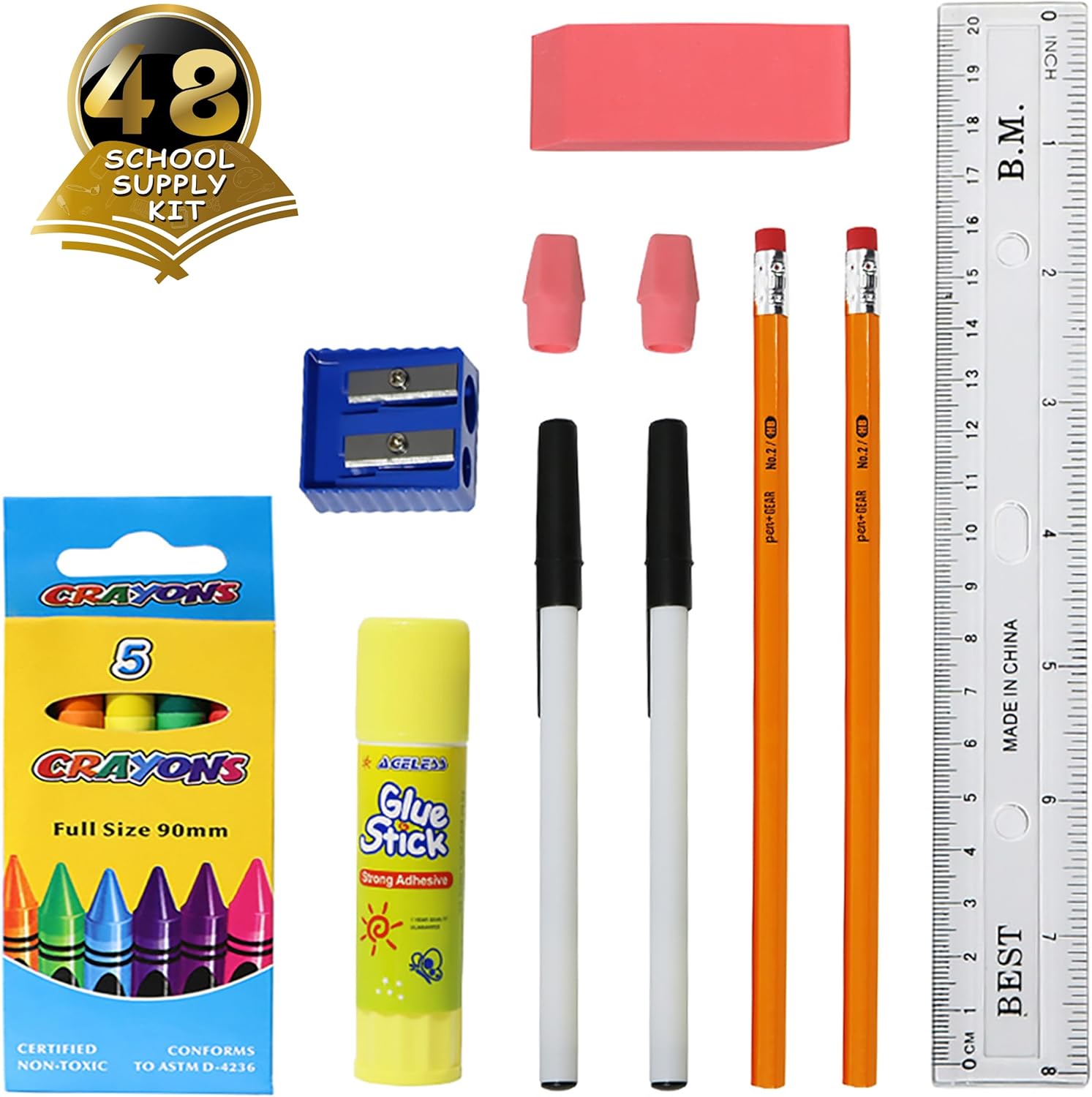 16 Piece Bulk School Supplies Kits - Pens, Pencils, Crayons, and More - Value Pack of 48 Kits - Essential Box of School Supplies for Elementary, Middle, and High School Students