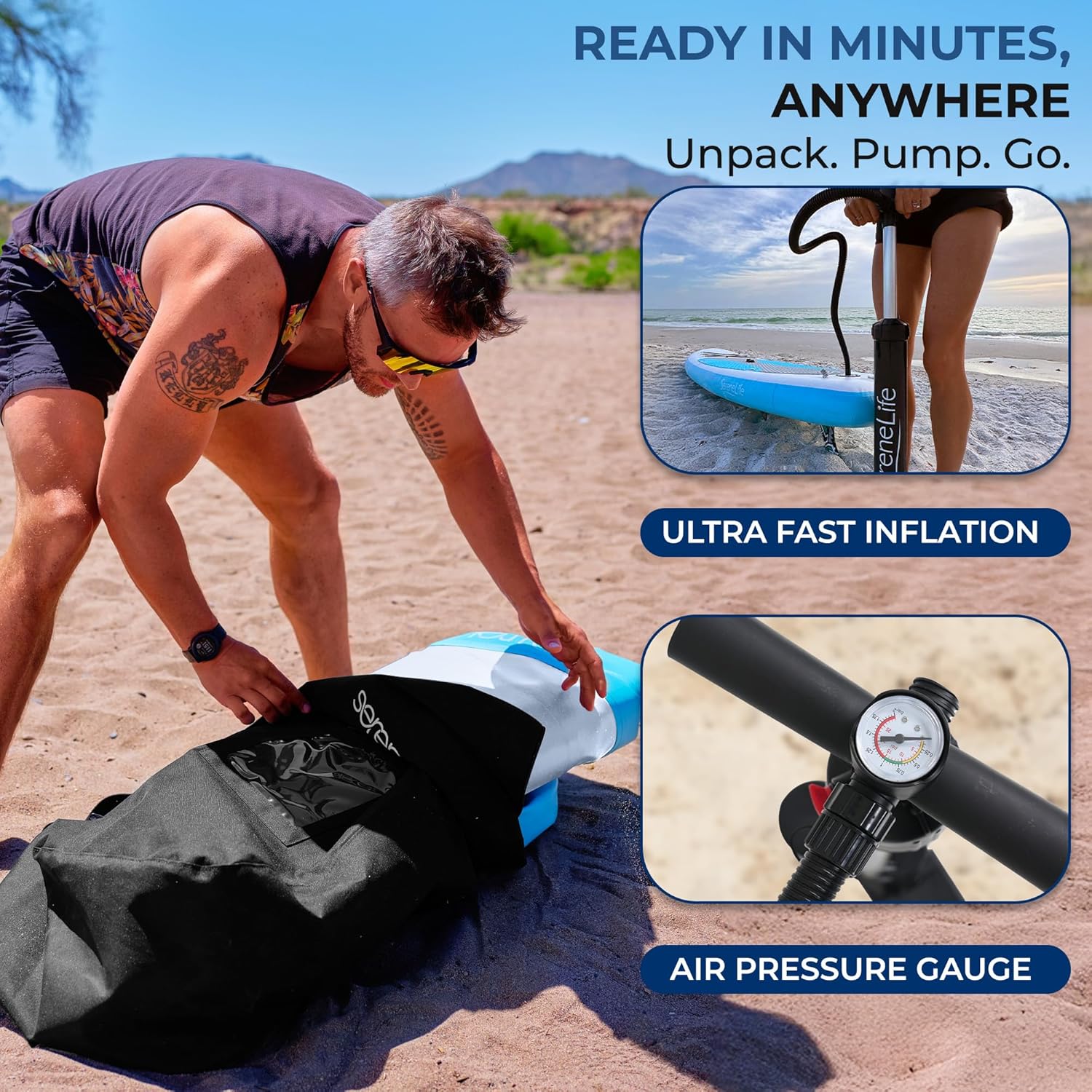 SereneLife Inflatable 10’ Stand Up Paddle Board with 32” Wide Platform – Non-Slip EVA Deck, Drop-Stitch Construction, 3-Piece Aluminum Paddle, Safety Leash, Removable Fin & Backpack – 275 lbs Capacity