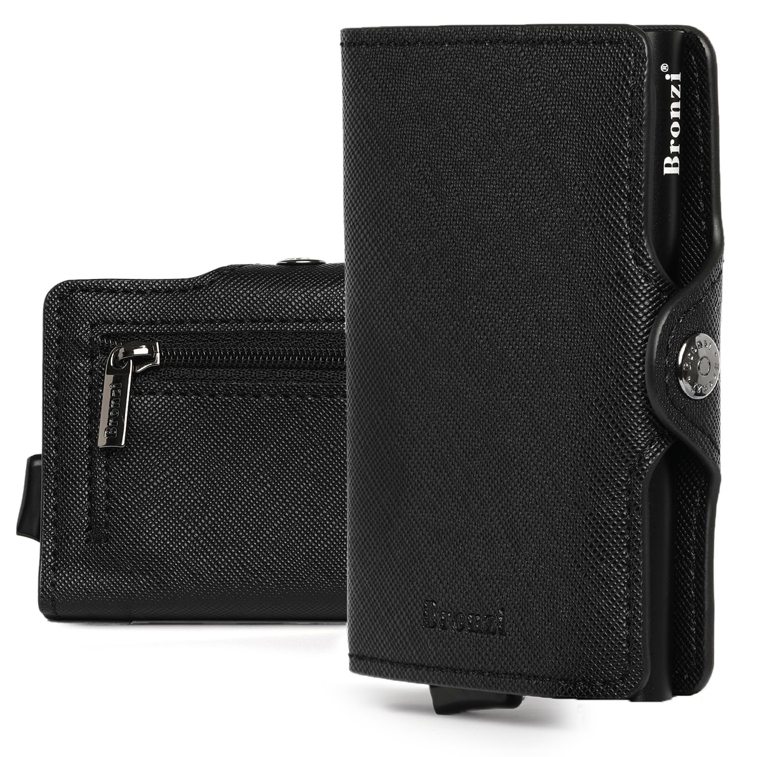 Bronzi Portafoglio Porta Carte Credito - Portafoglio Uomo Slim Portacarte uomo - Mini Porta Tessere - Protezione RFID - Design Smart Italiano Scatola Regalo inculsa (Nero Saffiano ZIP)
