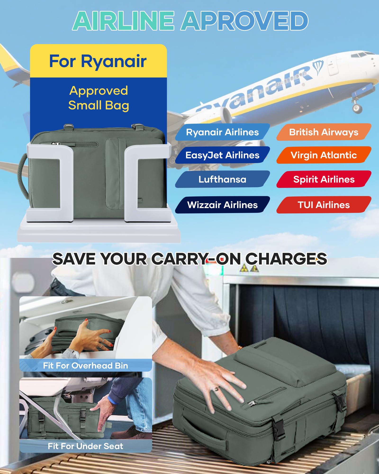 SZLX Zaino Ryanair 40x30x20 Sottovuoto Bagaglio a Mano 40x20x25 Donna Zaino da Viaggio 40x30x20 Wizzair Borse da Cabina per Easyjet 45x36x20 Uomo per Laptop 14 Pollici con Porta USB e Porta Scarpe