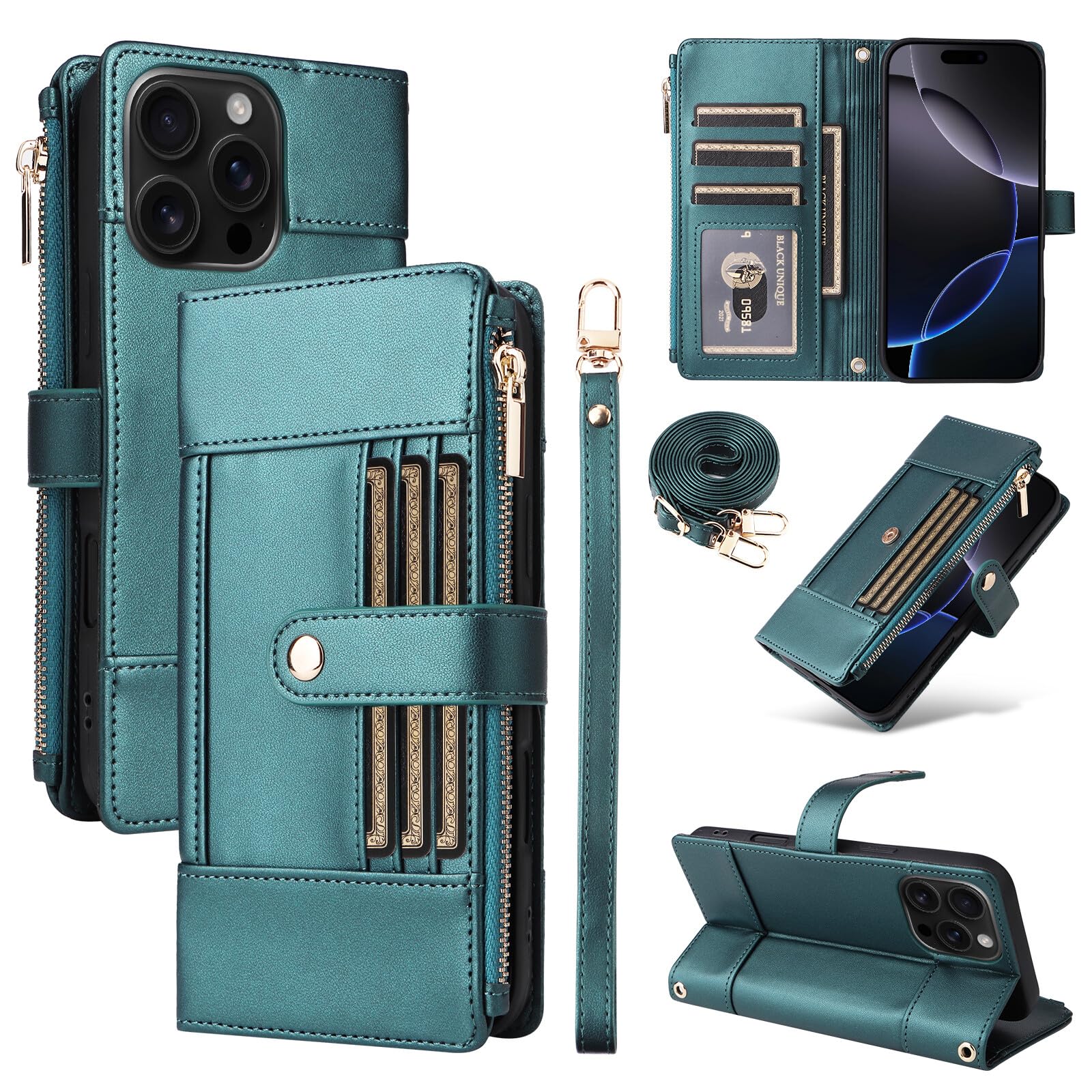 Étui compatible iPhone Samsung Galaxy A16 en cuir à rabat bleu vert magnétique - 8