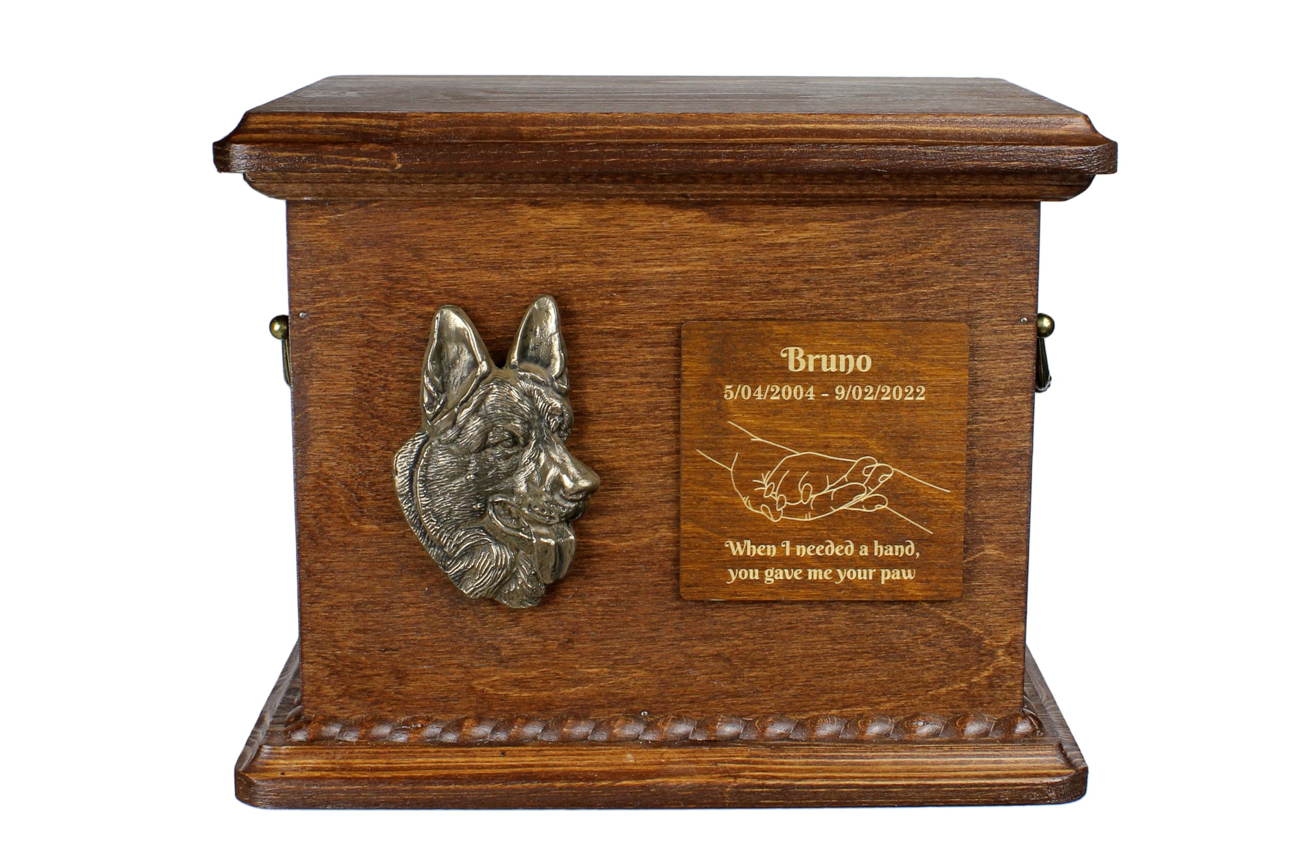 Art-Dog Urn for Dog Ashes - Handmade Memorial with Relief, Personalized Engraving, and Cold Cast Bronze Bust – Custom Pet Memorial Urn – 8.3x11.4x8.7” – German Shepherd