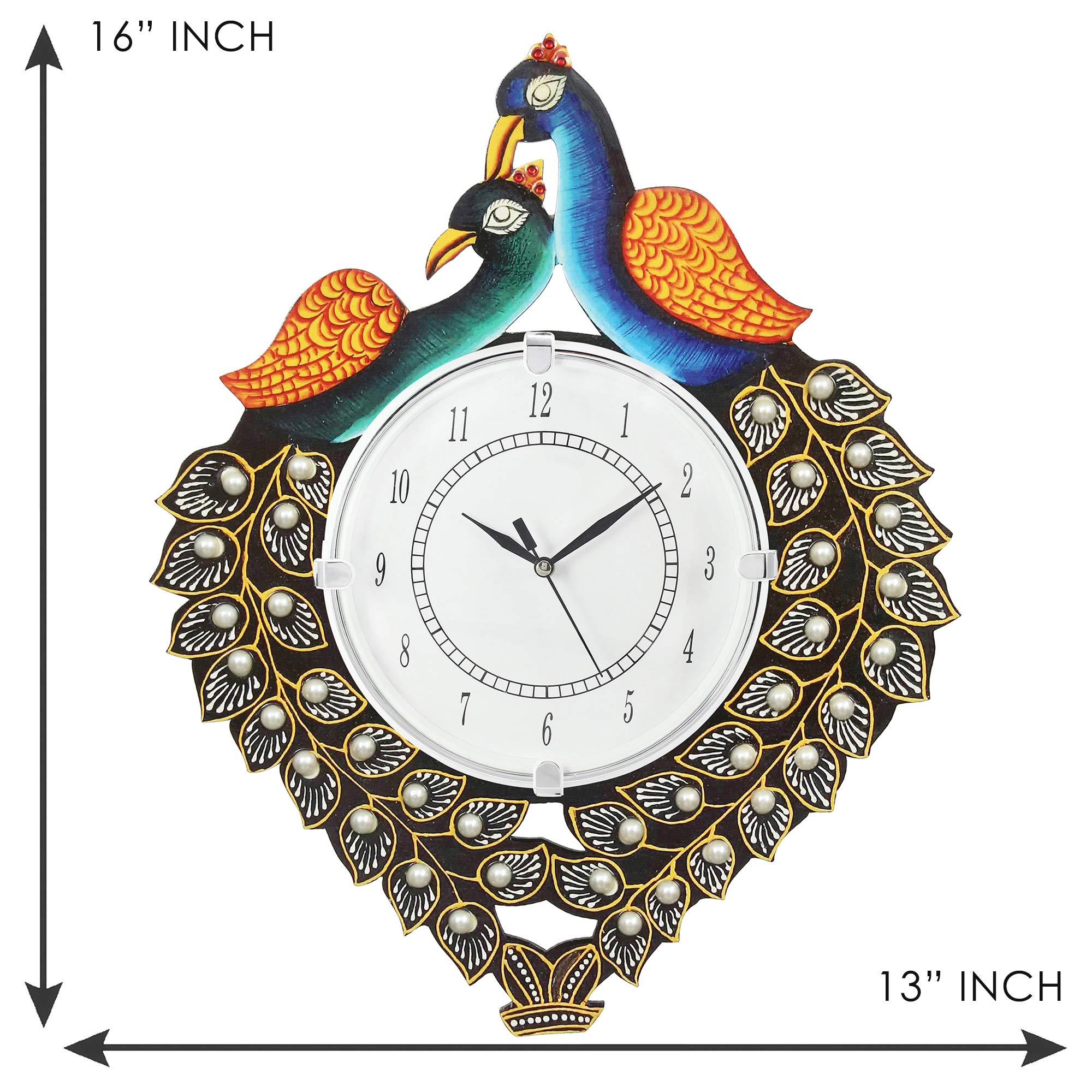 CAPIO ART Wooden Antique Handpainted Peacock Wall Analog Clock for Home Decor - Decorative Round Handmade Clock for Bedroom, Hall, Office (Multicolour, 13 X 16 Inch) - Image 4 thumbnail