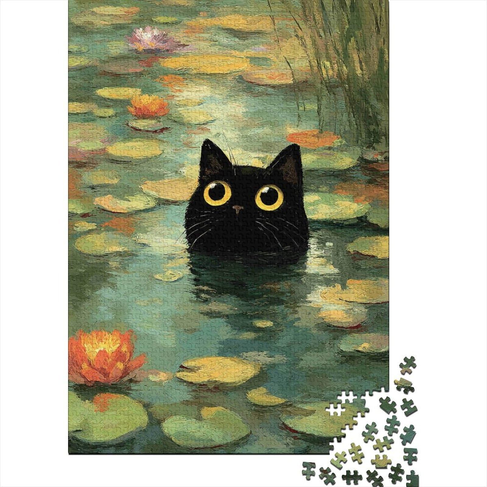 3D Printed Black Cat Water Lily Fitted Sheet Microfiber Soft Mattress Cover for Bedroom Guest Room Decor 90x200x25cm