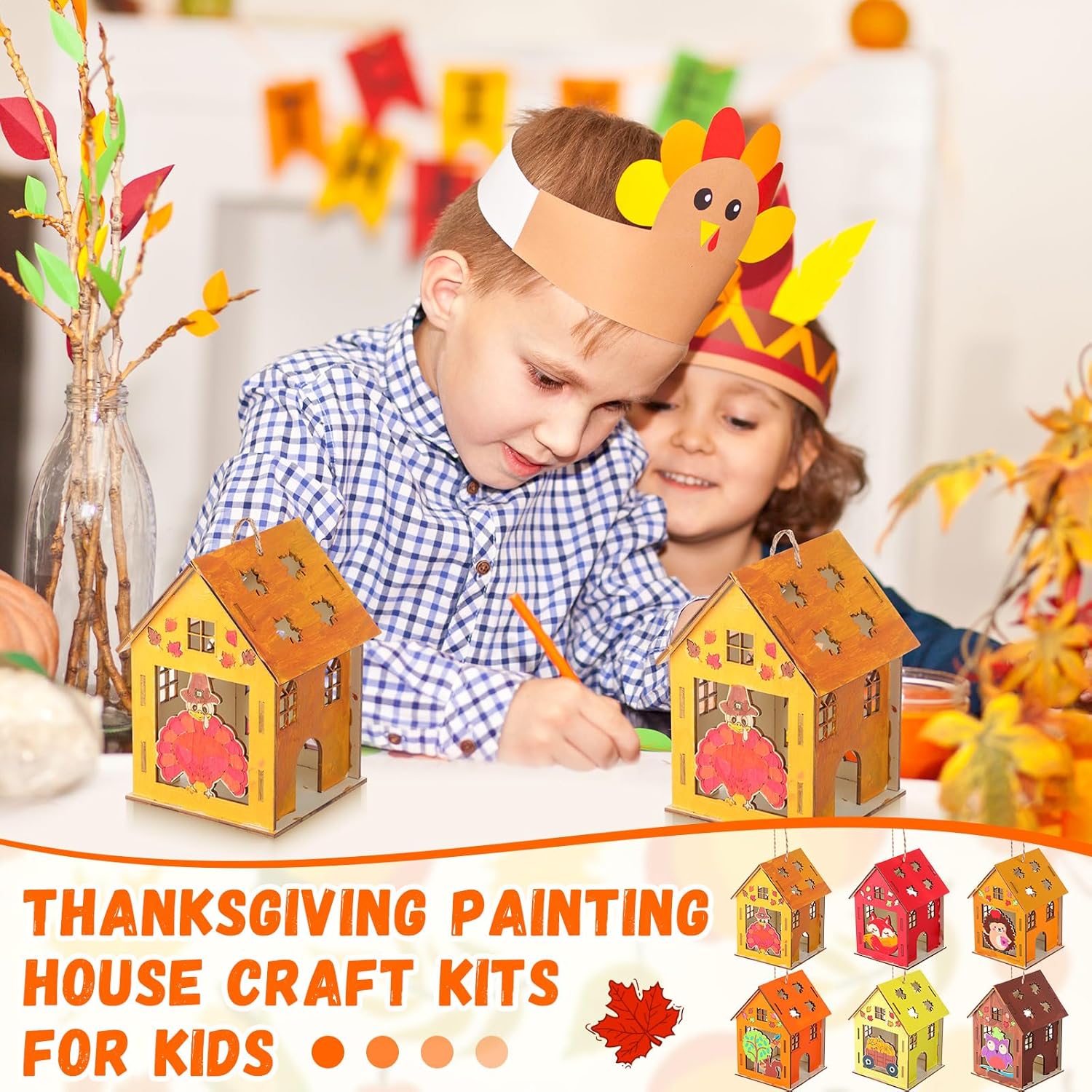 DoubleFill 24 Pcs Fall Wooden House Craft Kits for Kids Adults Make You Own Fall House Thanksgiving DIY Unfinished Painting Turkey Arts and Crafts Kits for Autumn Party Supplies Decoration