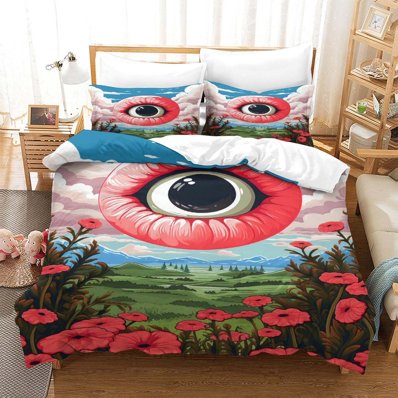 P1S9U7W5Y Surreal Eye Meadow 3D Printed Duvet Cover Set 3pcs Microfiber Floral Bedding Set Double
